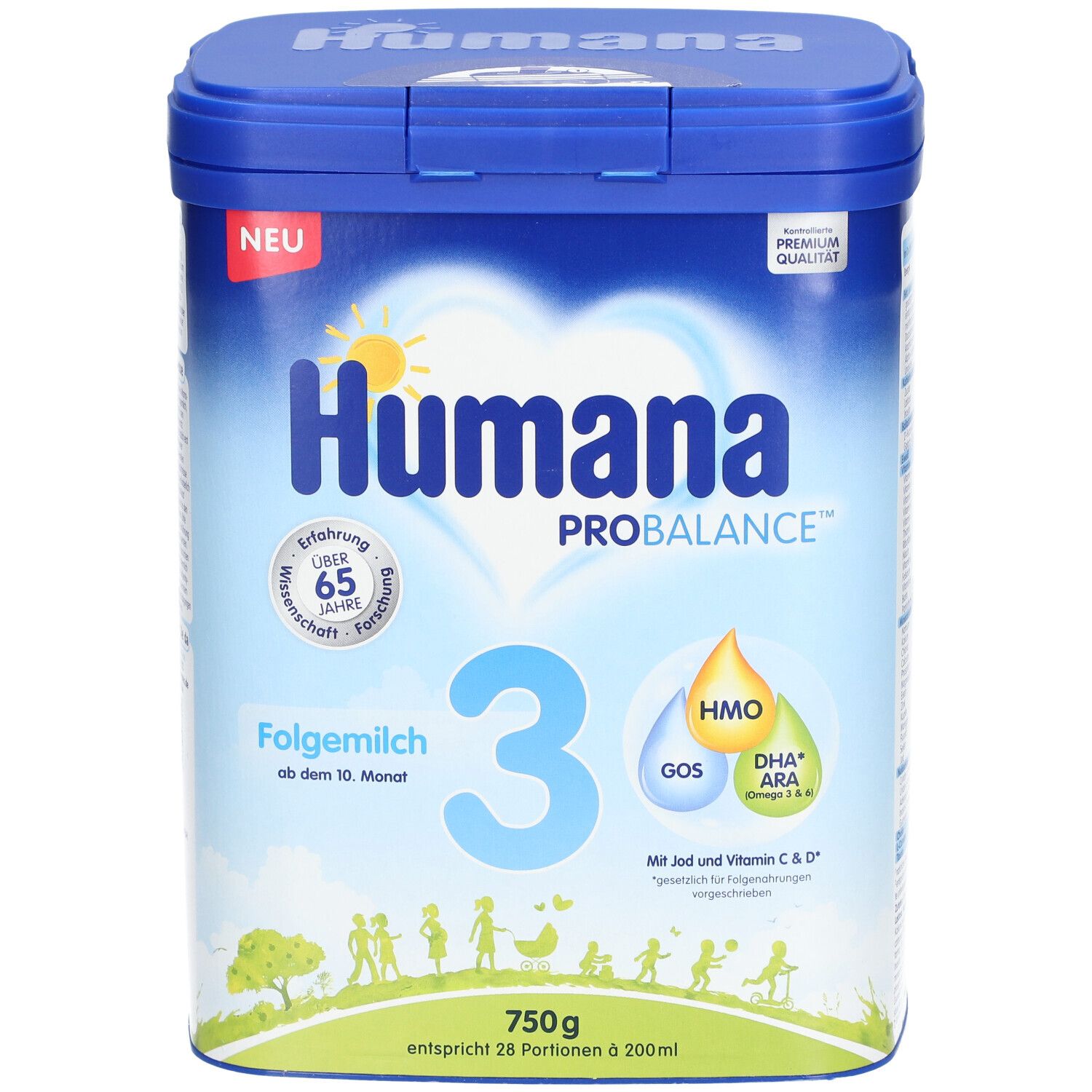 Blaue Dose Humana PROBALANCE 3 Folgemilch. Enthält HMO, GOS, DHA, ARA. Mit Jod und Vitamin C & D. 750g.