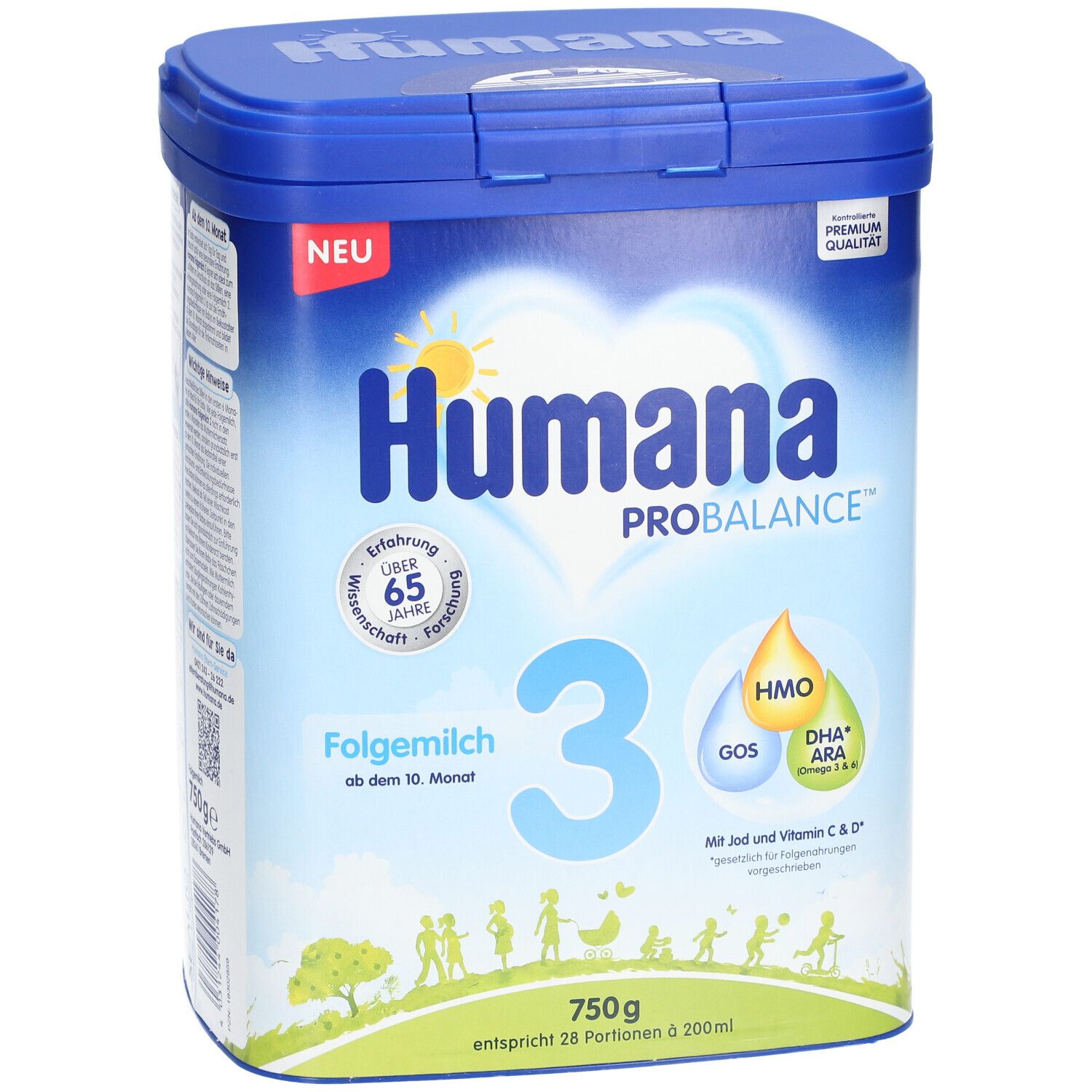 Blaue Dose Humana PROBALANCE 3 Folgemilch. Enthält HMO, GOS, DHA, ARA. Mit Jod und Vitamin C & D. 750g.