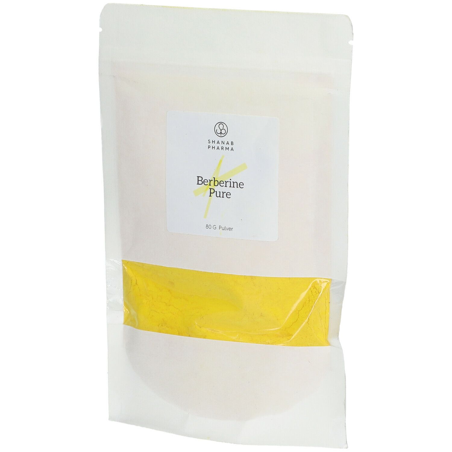 Beutel mit gelbem Pulver. Aufkleber mit "Berberine Pure" und "Shanab Pharma".