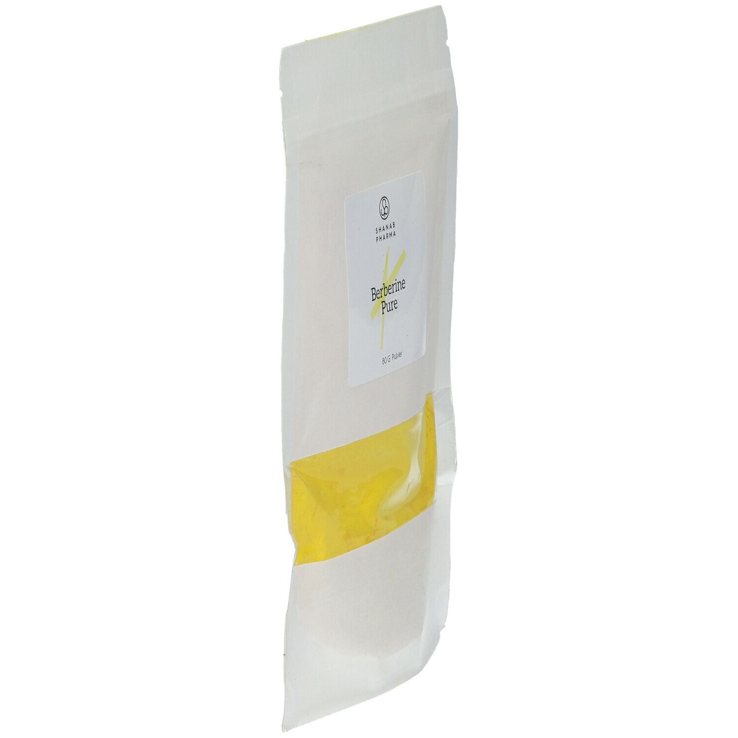Schrägansicht eines Beutels mit gelbem Pulver. Aufkleber mit "Berberine Pure" und "Shanab Pharma".