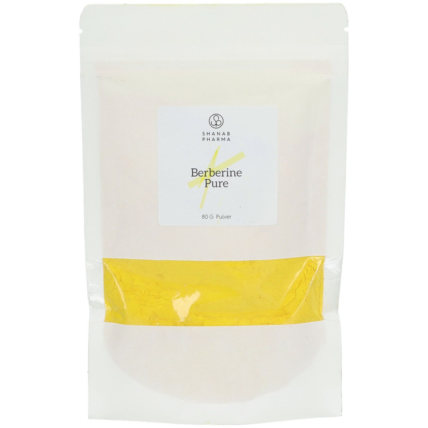 Beutel mit gelbem Pulver. Aufkleber mit "Berberine Pure" und "Shanab Pharma".