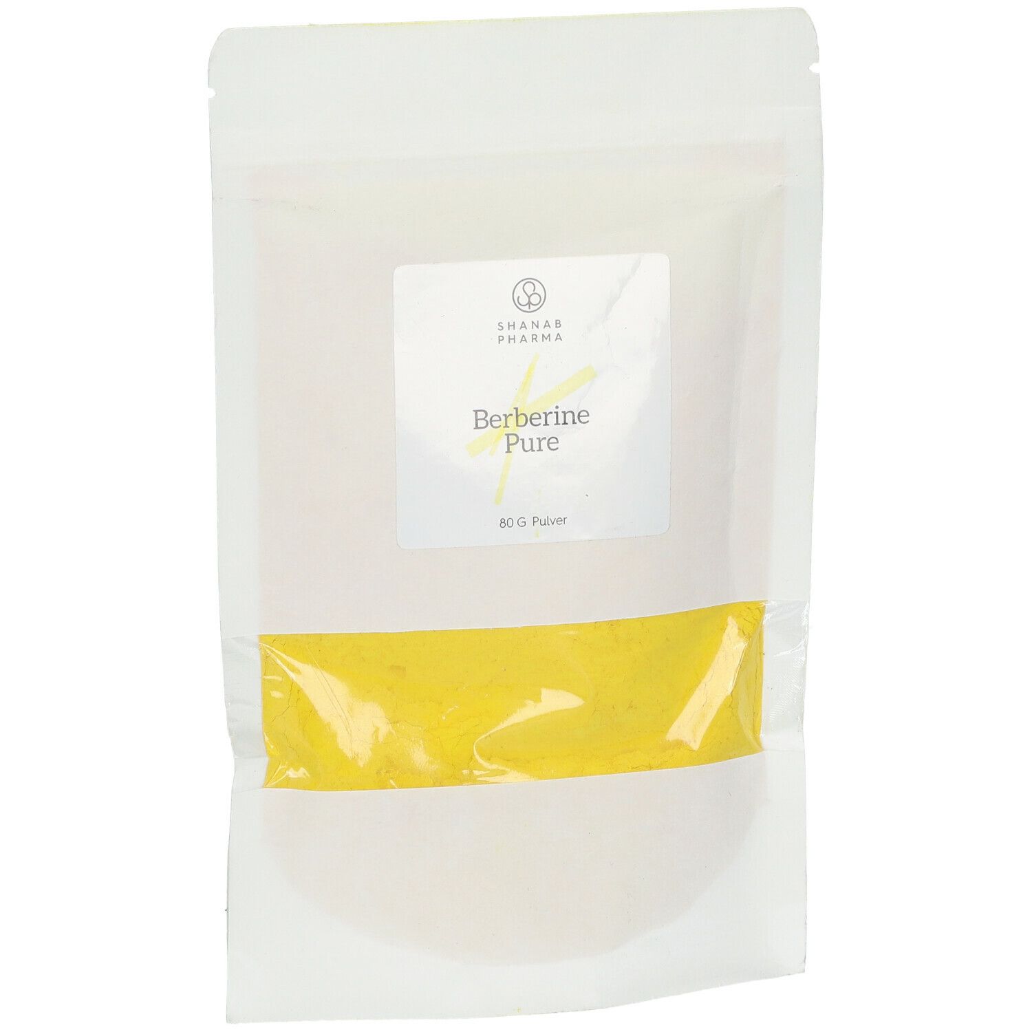 Beutel mit gelbem Pulver. Aufkleber mit "Berberine Pure" und "Shanab Pharma".