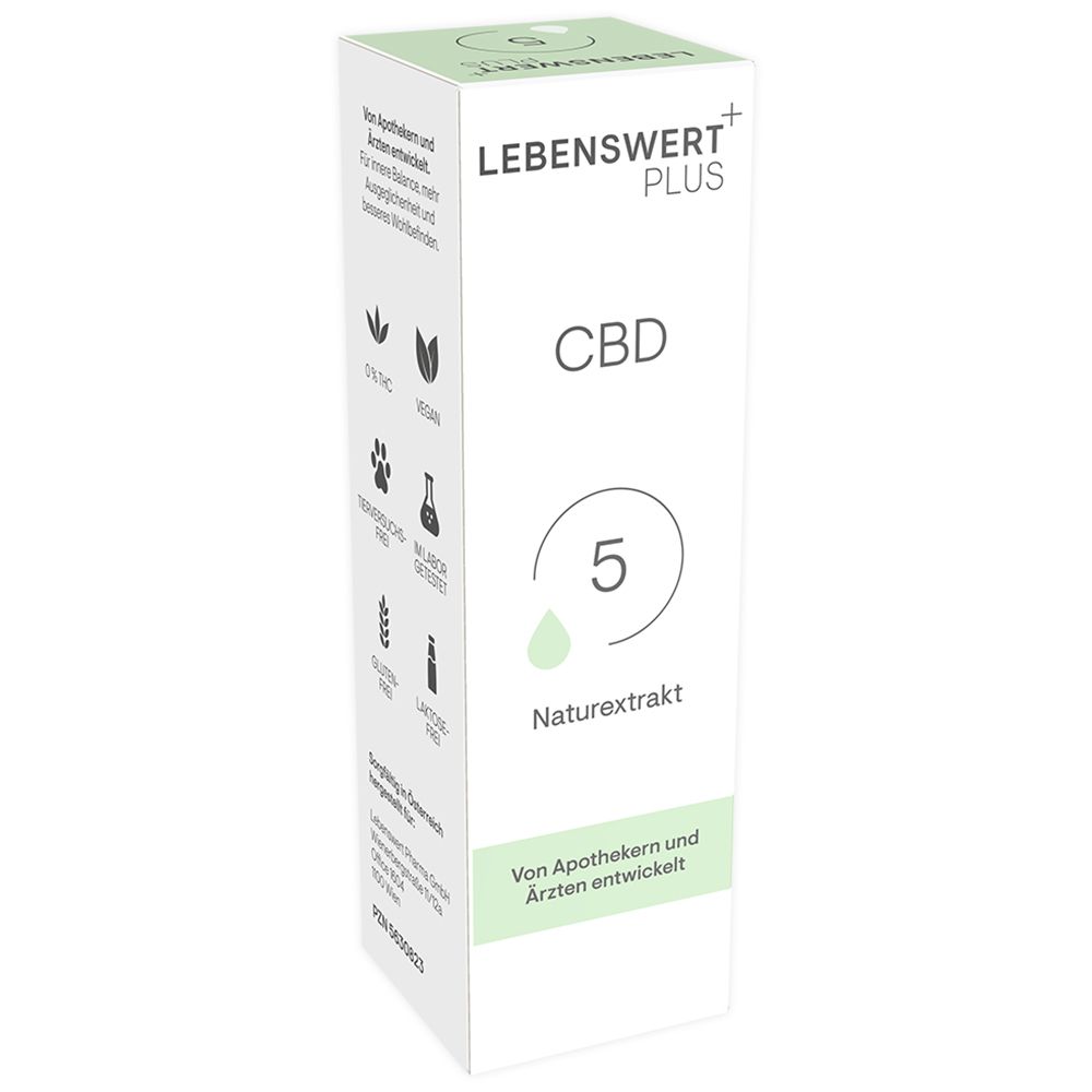 Weiße Schachtel mit LEBENSWERT+ PLUS CBD 5, Naturextrakt. Text: Von Apothekern und Ärzten entwickelt. Vegan, glutenfrei.