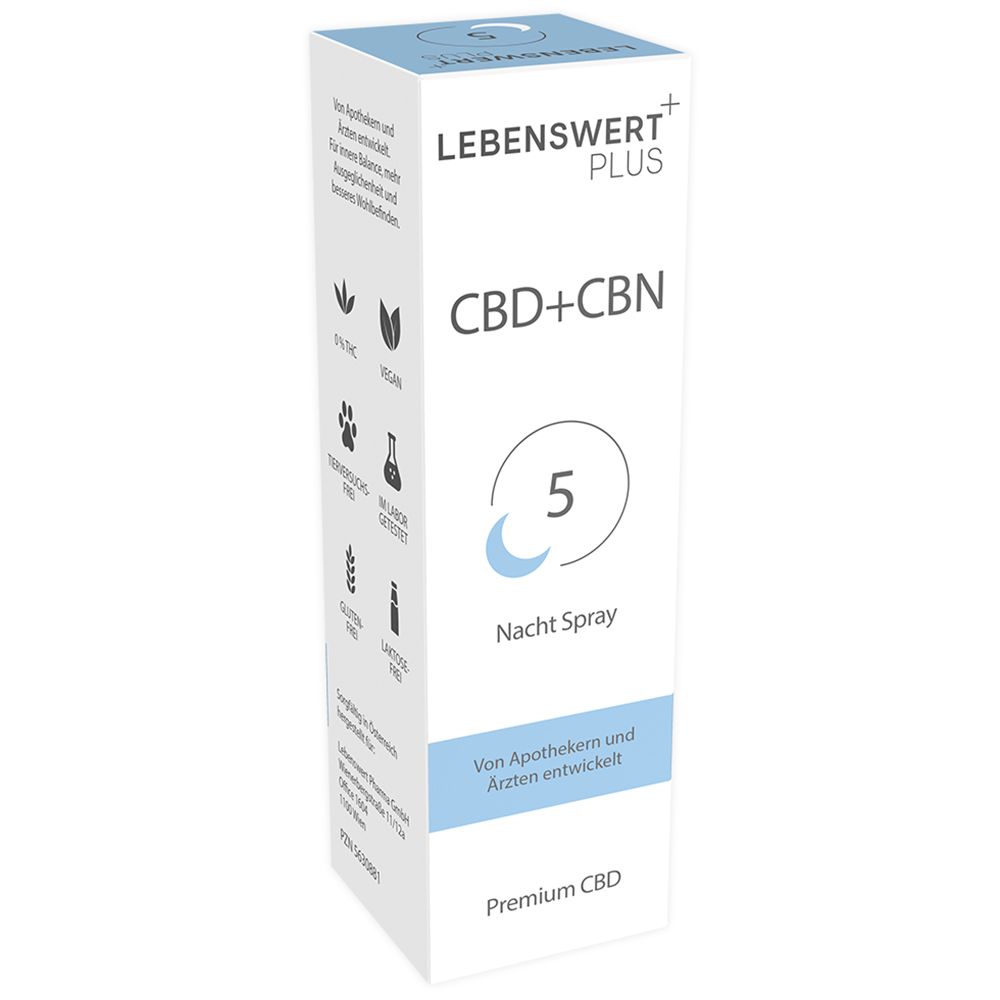 LEBENSWERT+ CBD+CBN 5 % Nacht Spray. Weiße Verpackung mit Produktinformationen und Logo.