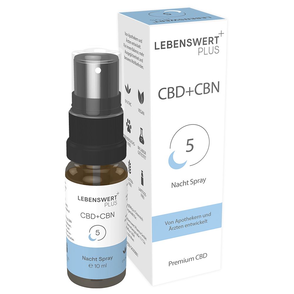 LEBENSWERT+ CBD+CBN 5 % Nacht Spray. Flasche und Verpackung nebeneinander. Produktinformationen sichtbar.