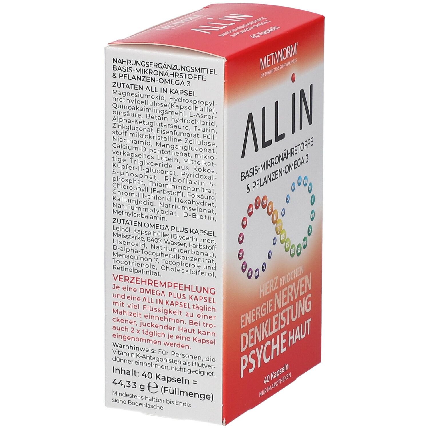 METANORM® ALL IN-Packung. Detailansicht der Inhaltsstoffe und Nährwertangaben. 40 Kapseln.