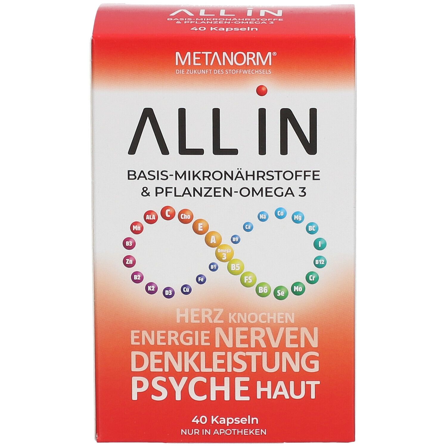 METANORM® ALL IN-Packung. Rote und weiße Schachtel mit Produktnamen und Inhaltsangaben. 40 Kapseln.