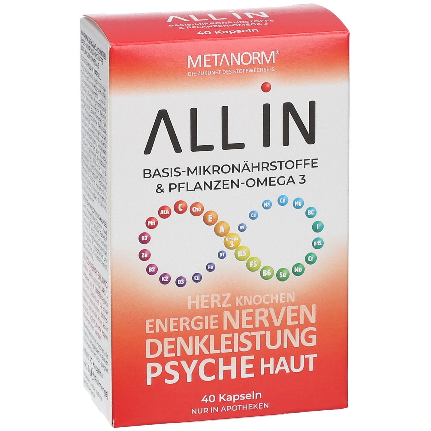 METANORM® ALL IN-Packung. Rote und weiße Schachtel mit Produktnamen und Inhaltsangaben. 40 Kapseln.