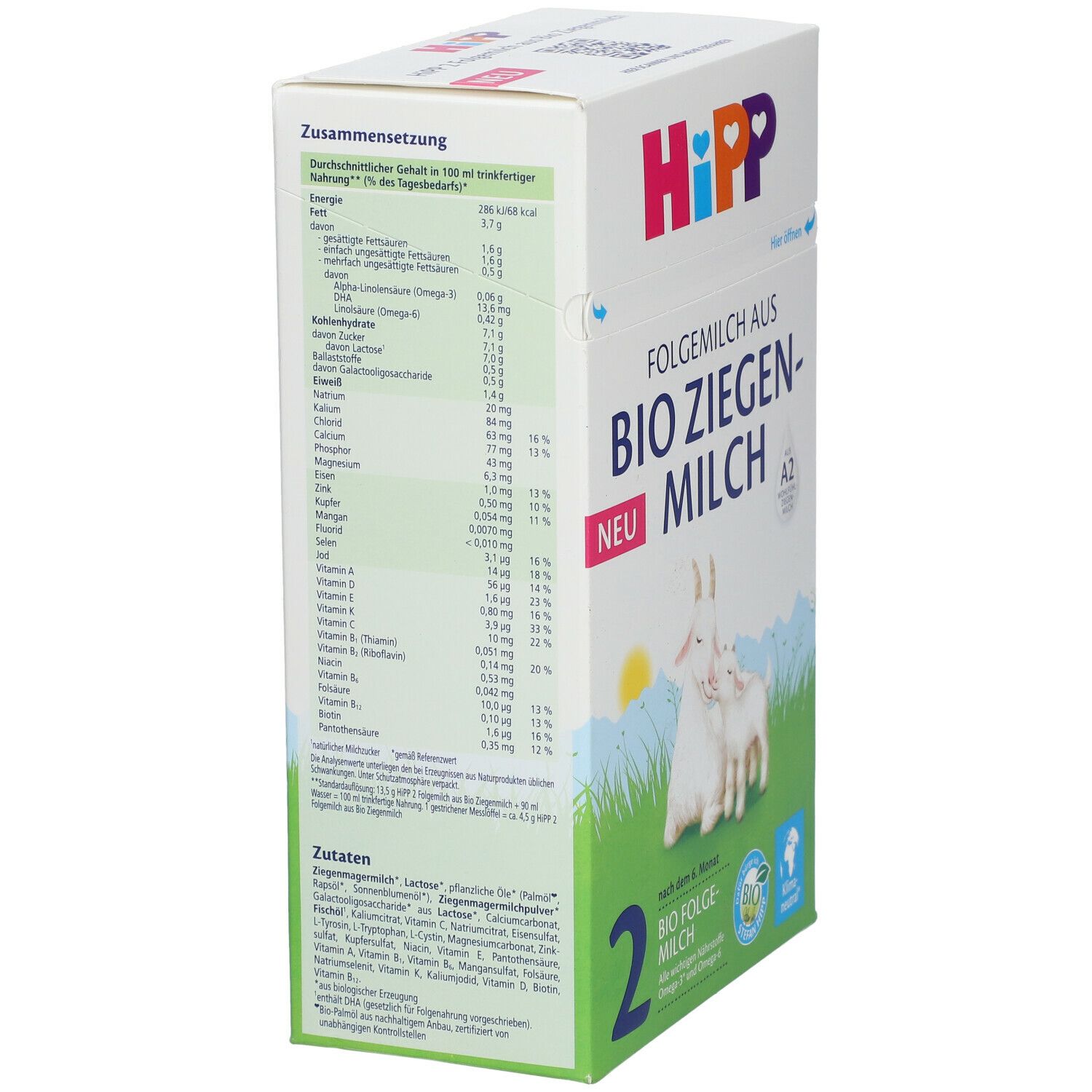 HiPP 2 Folgemilch aus Bio-Ziegenmilch. Karton mit Nährwerttabelle und Zutatenliste. A2-Milch. Bio-Siegel.