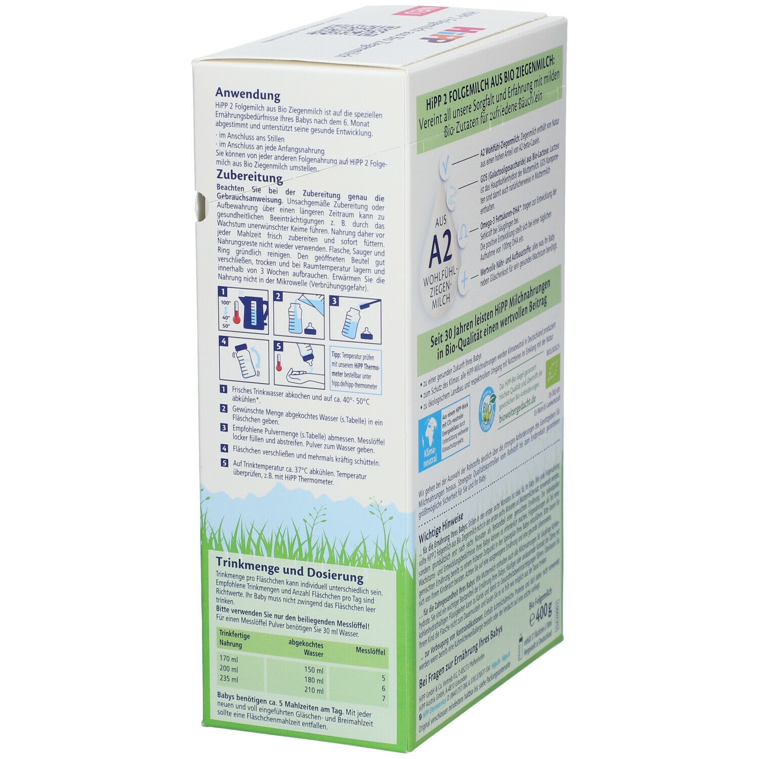 HiPP 2 Folgemilch aus Bio-Ziegenmilch. Karton mit Zubereitungsanleitung. A2-Milch. Bio-Siegel. 400g.