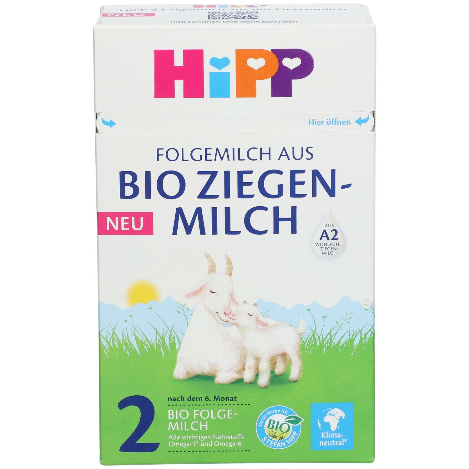 HiPP 2 Folgemilch aus Bio-Ziegenmilch. Karton mit Ziegen-Illustration. A2-Milch. Bio-Siegel. Klima-neutral.
