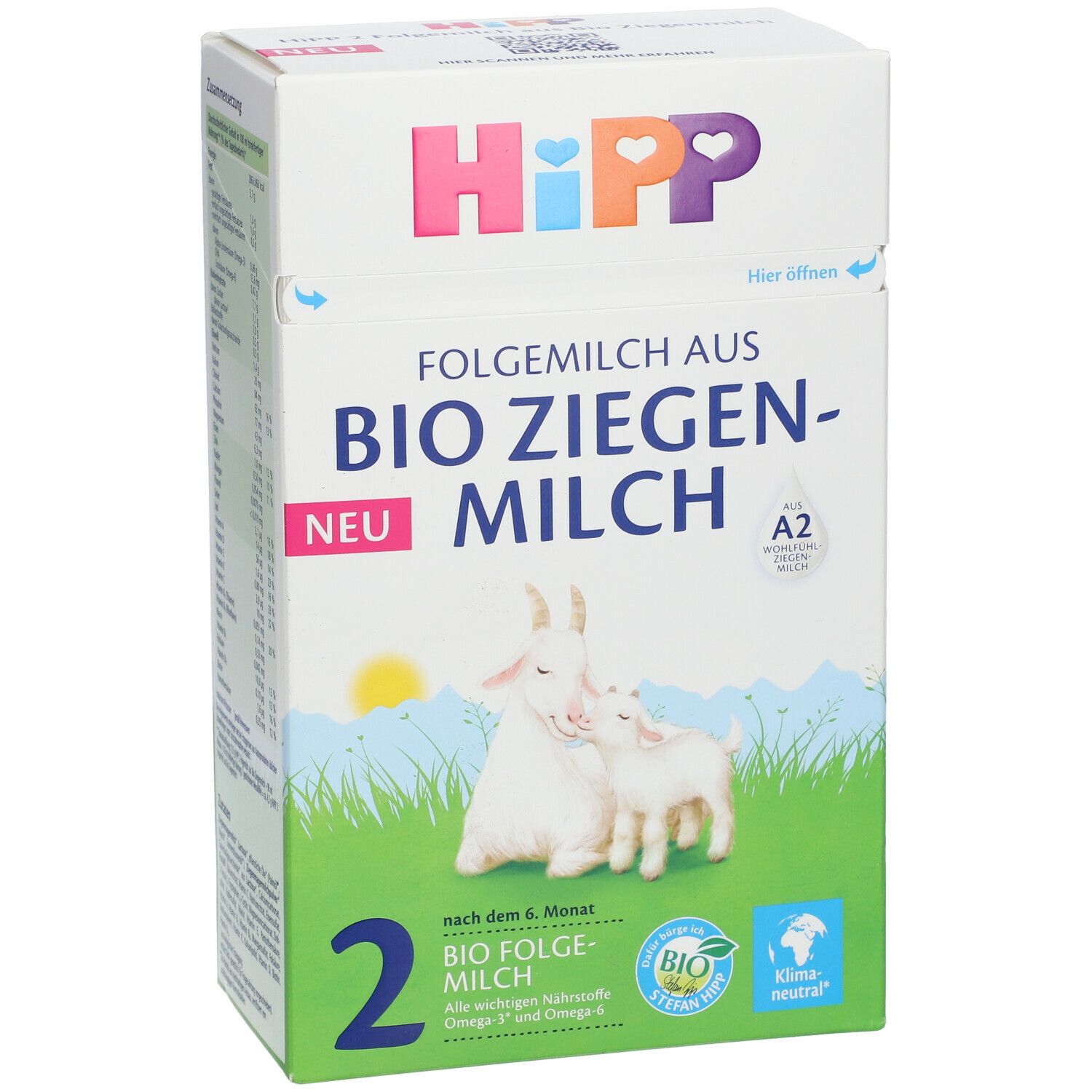 HiPP 2 Folgemilch aus Bio-Ziegenmilch. Karton mit Ziegen-Illustration. A2-Milch. Bio-Siegel. Klima-neutral.