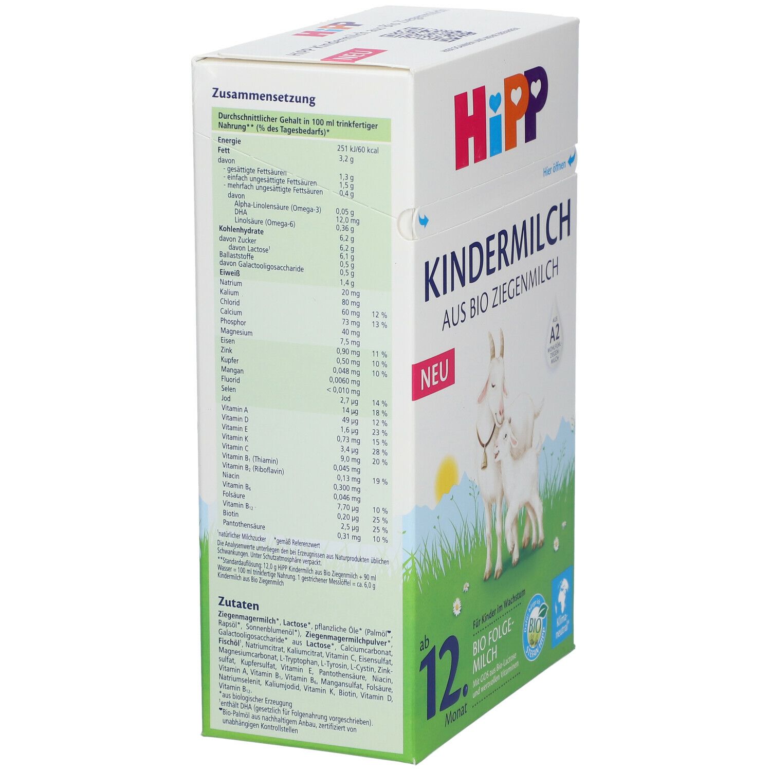 HiPP Kindermilch Packung. Nährwerttabelle auf der Seite. Produkt mit Ziegenmilch, ab 12 Monaten.