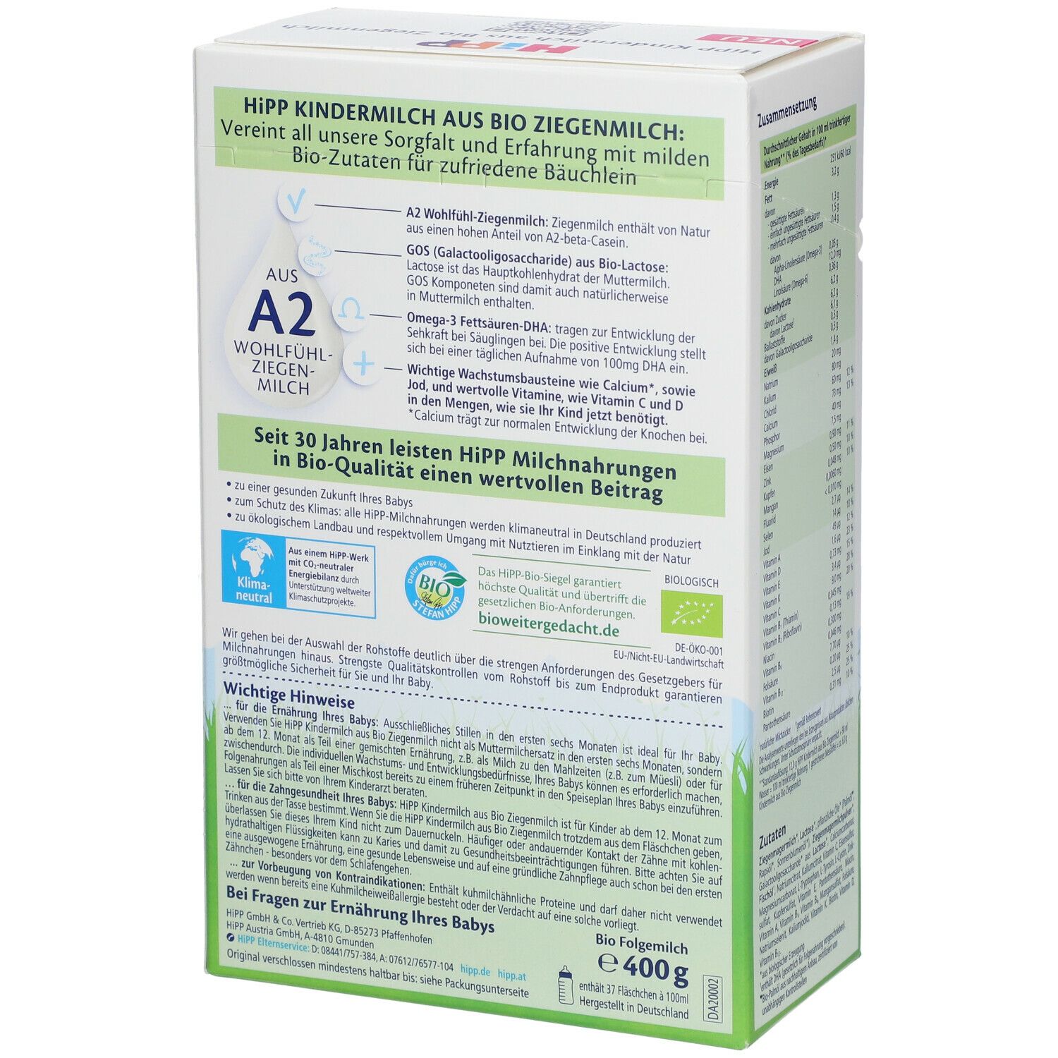 HiPP Kindermilch Packung. Rückseite mit Informationen. Produkt mit Ziegenmilch, ab 12 Monaten.