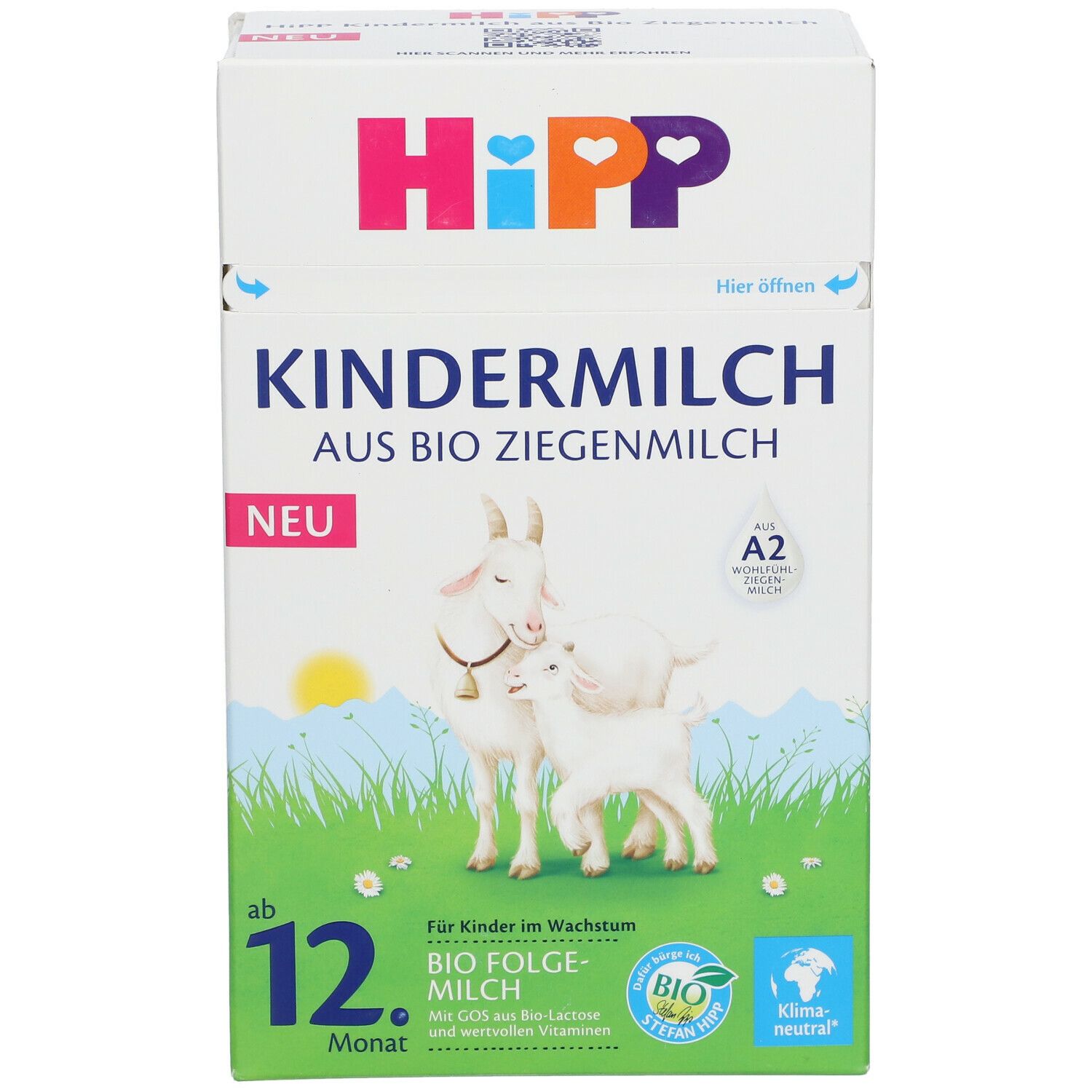 HiPP Kindermilch Packung. Ziegenmilch-Produkt, ab 12 Monaten. Enthält Bio-Siegel und A2-Milch.
