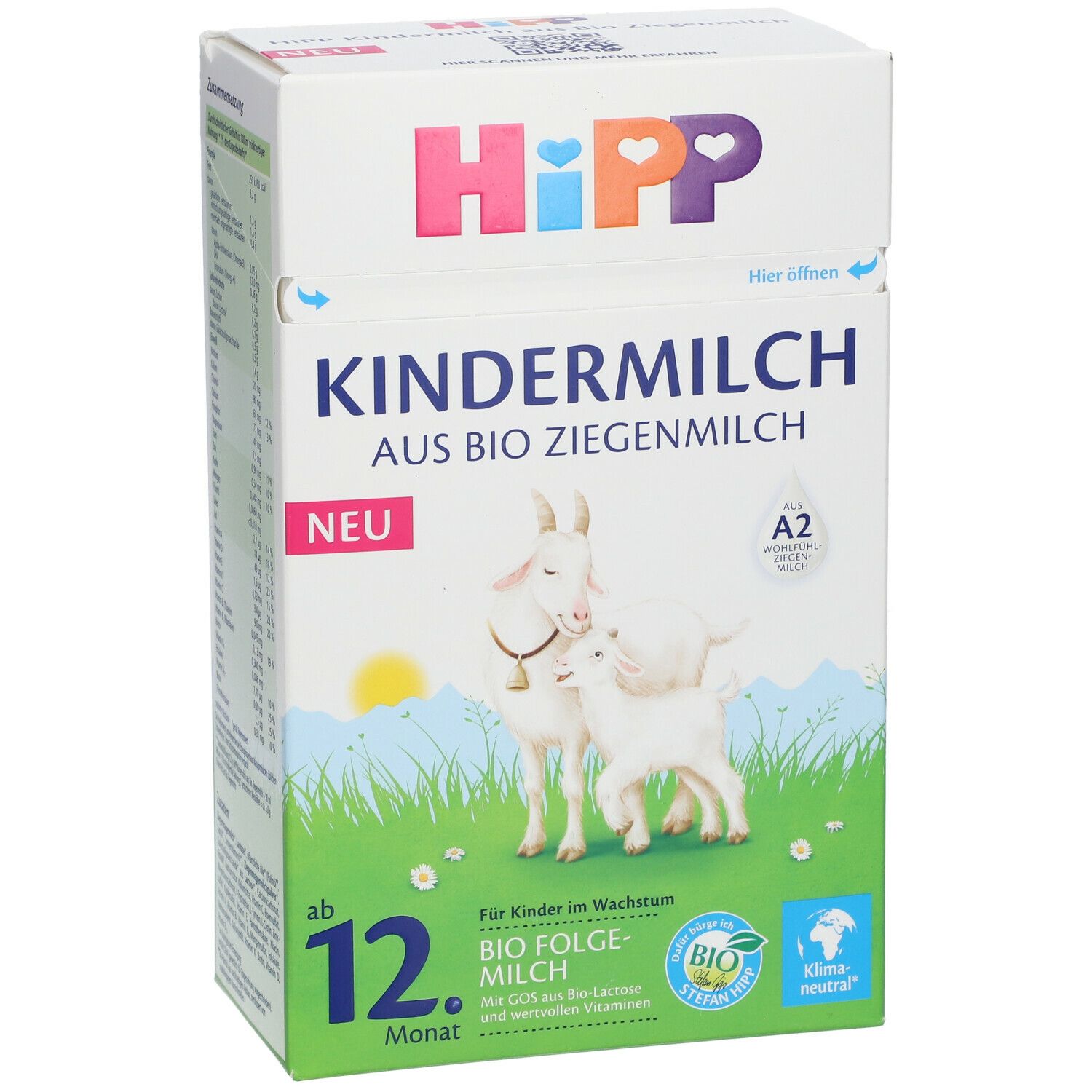 HiPP Kindermilch Packung. Ziegenmilch-Produkt, ab 12 Monaten. Enthält Bio-Siegel und A2-Milch.