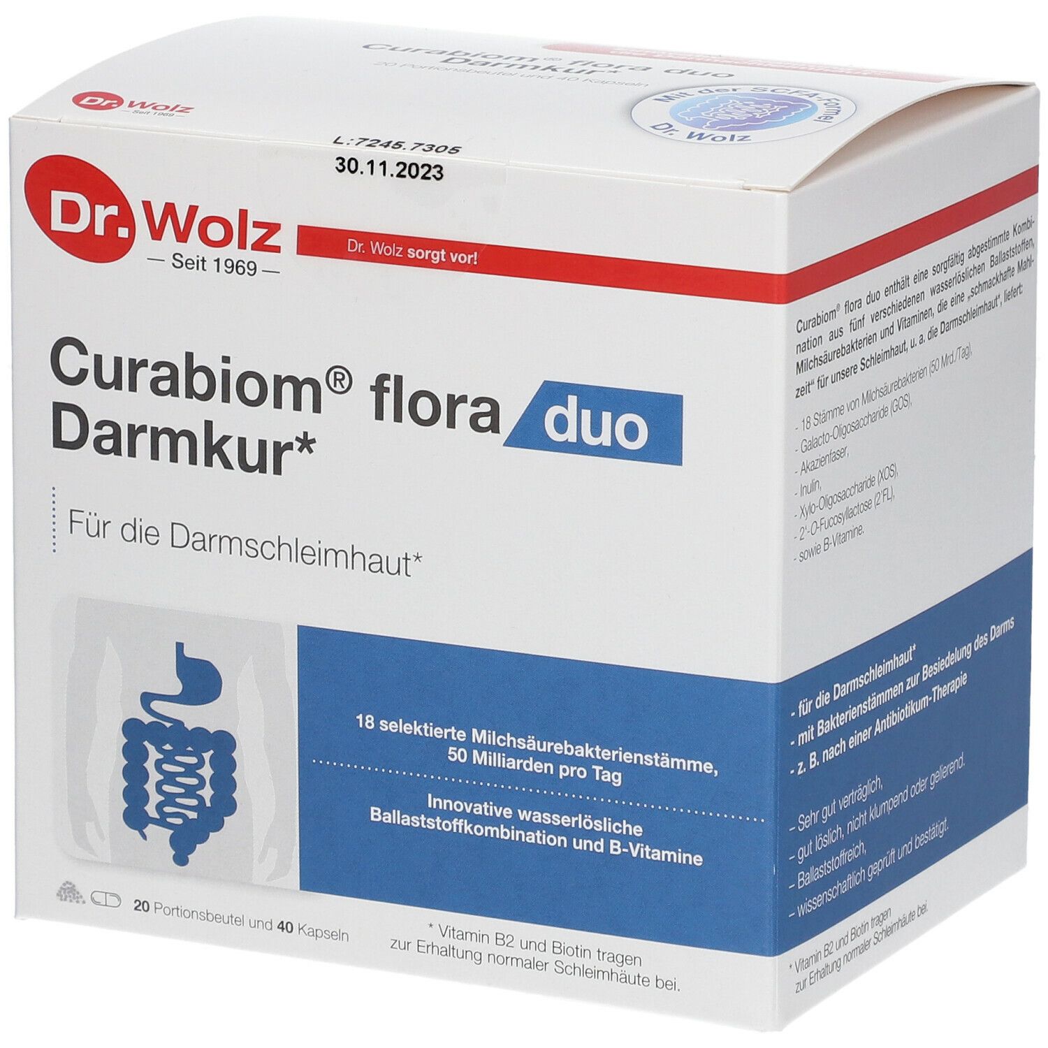 Karton von Curabiom® flora duo Darmkur*. Enthält 20 Portionsbeutel und 40 Kapseln. Aufschrift: Für die Darmschleimhaut.