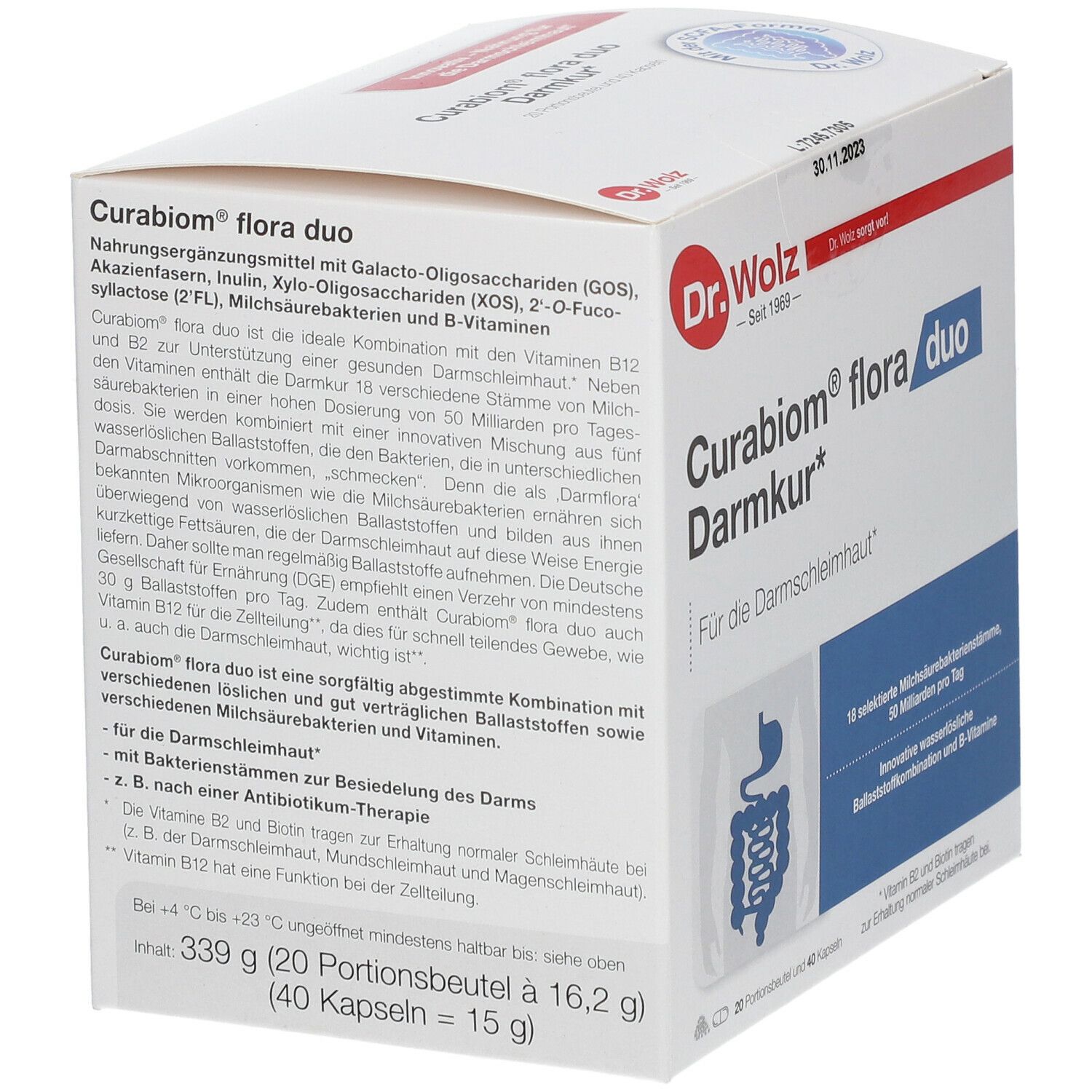 Karton von Curabiom® flora duo Darmkur*. Aufschrift: 339 g (20 Portionsbeutel à 16,2 g) (40 Kapseln à 15 g).