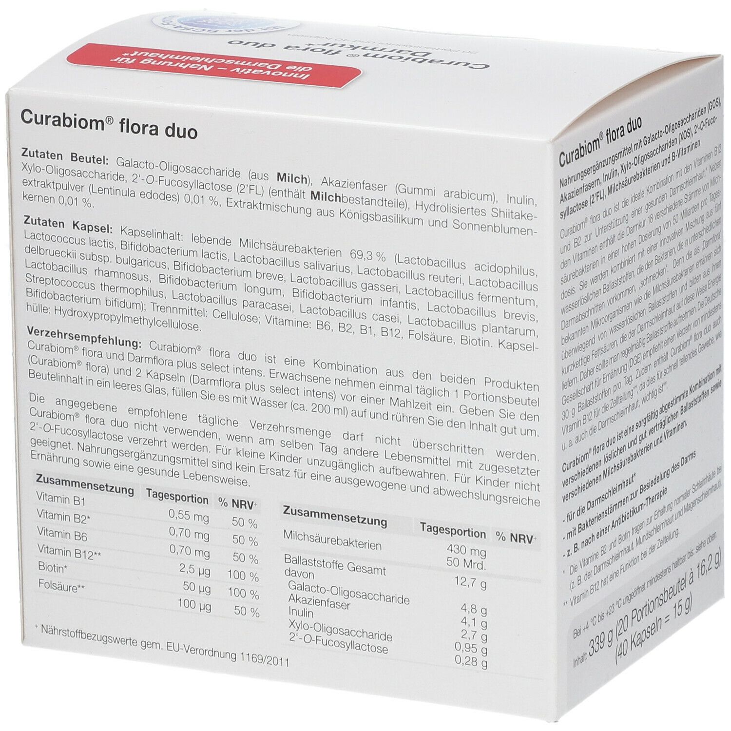 Karton von Curabiom® flora duo. Aufschrift: Zusammensetzung, Nährwertangaben, Zutaten. Enthält 40 Kapseln.