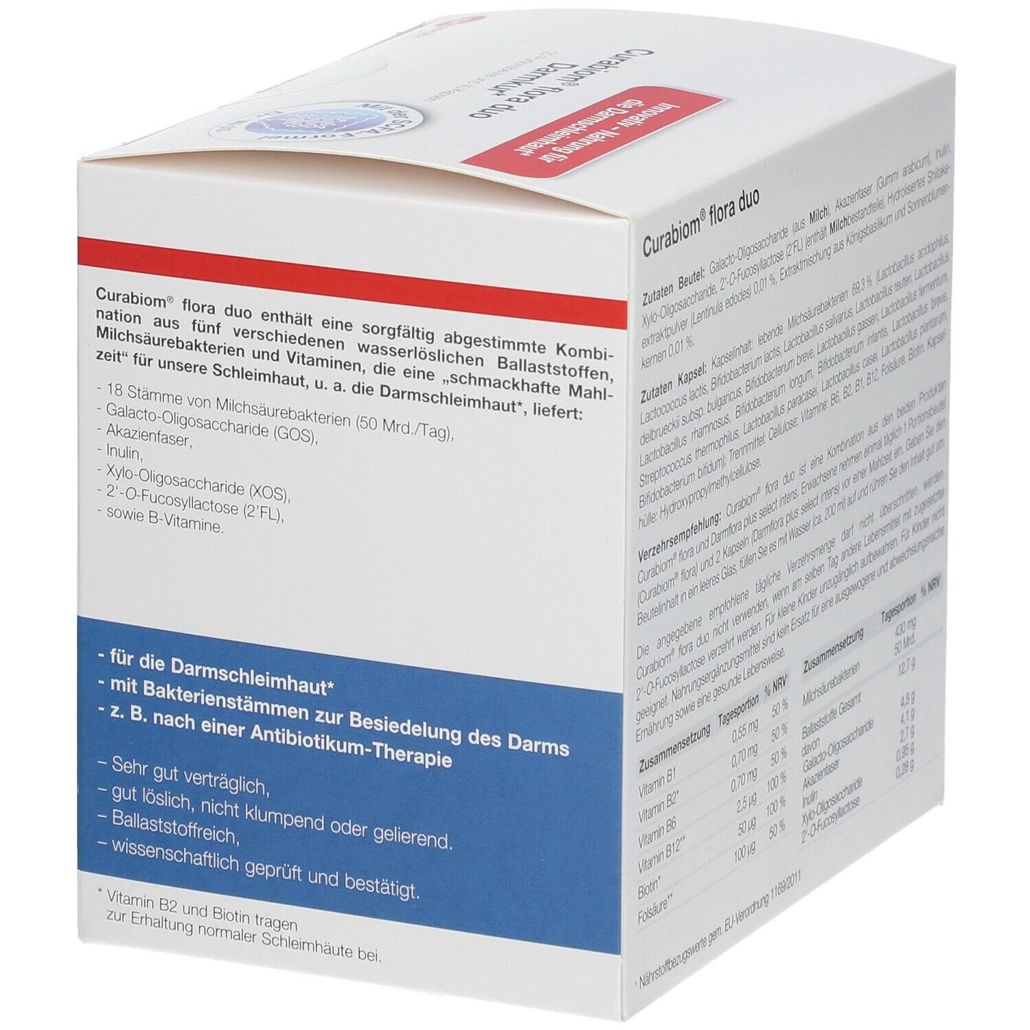 Karton von Curabiom® flora duo. Aufschrift: Für die Darmschleimhaut, mit Bakterienstämmen zur Besiedlung des Darms.