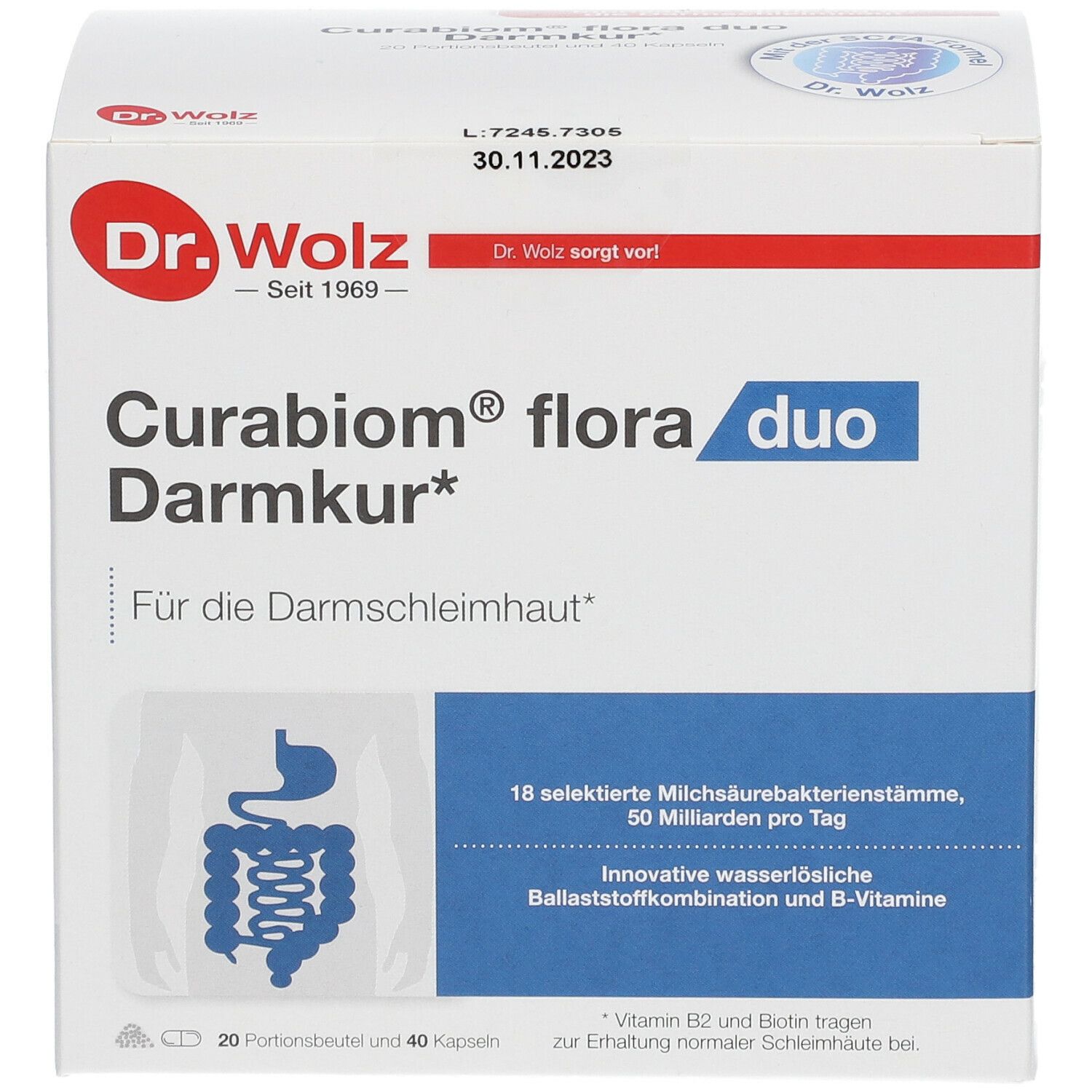 Karton von Curabiom® flora duo Darmkur*. Enthält 20 Portionsbeutel und 40 Kapseln. Aufschrift: Für die Darmschleimhaut.