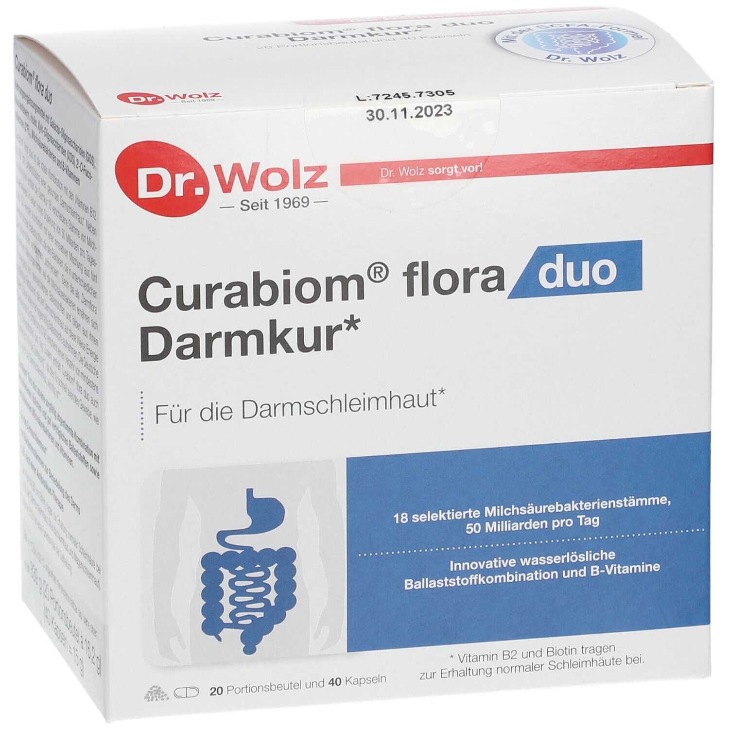 Karton von Curabiom® flora duo Darmkur*. Enthält 20 Portionsbeutel und 40 Kapseln. Aufschrift: Für die Darmschleimhaut.