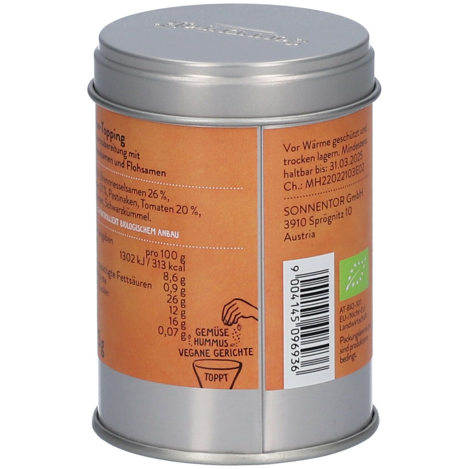 Dose SonnentoR Gemüse Topping. Detailansicht der Nährwertangaben und Zutaten. Bio-Siegel.