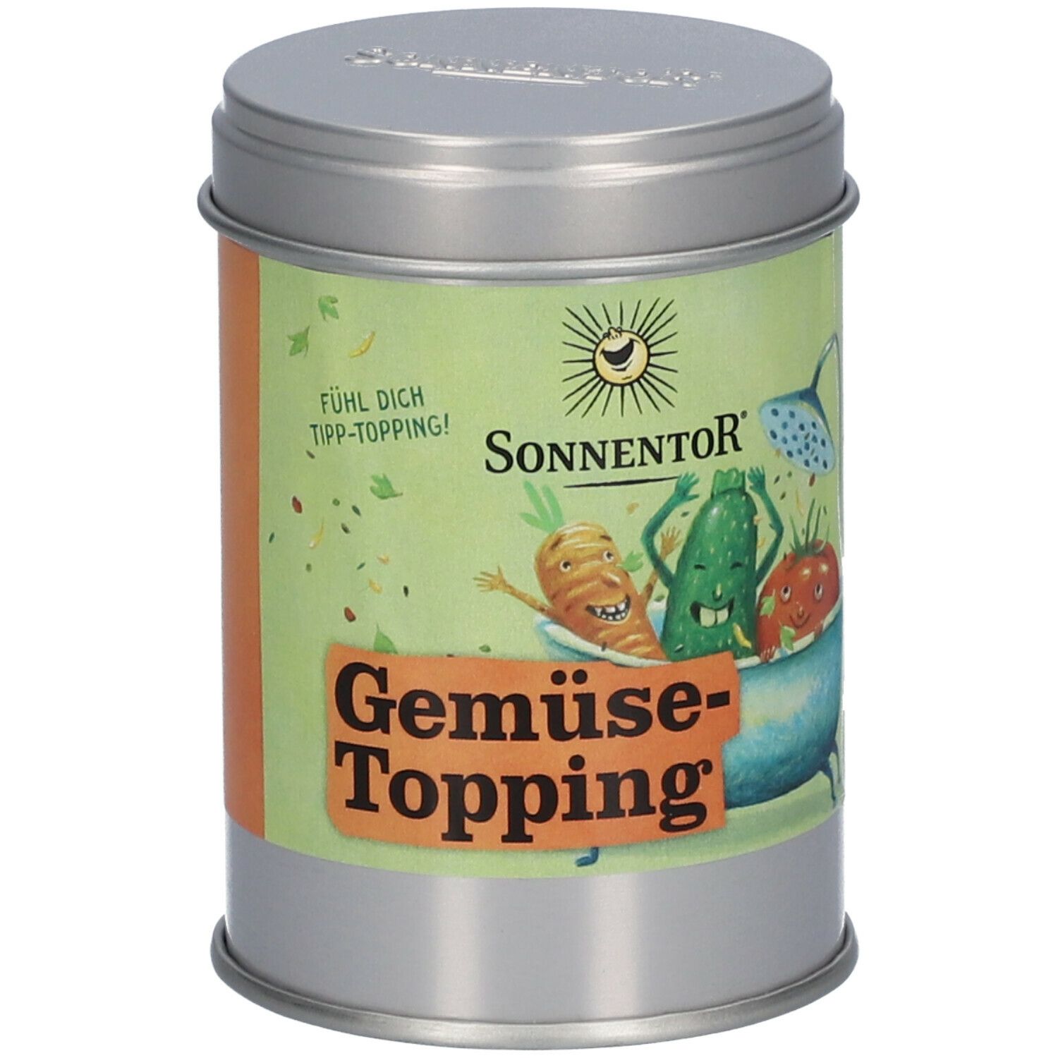 Zylindrische Dose SonnentoR Gemüse Topping. Aufdruck mit Gemüse-Illustrationen. Deckel und Dose silbern.