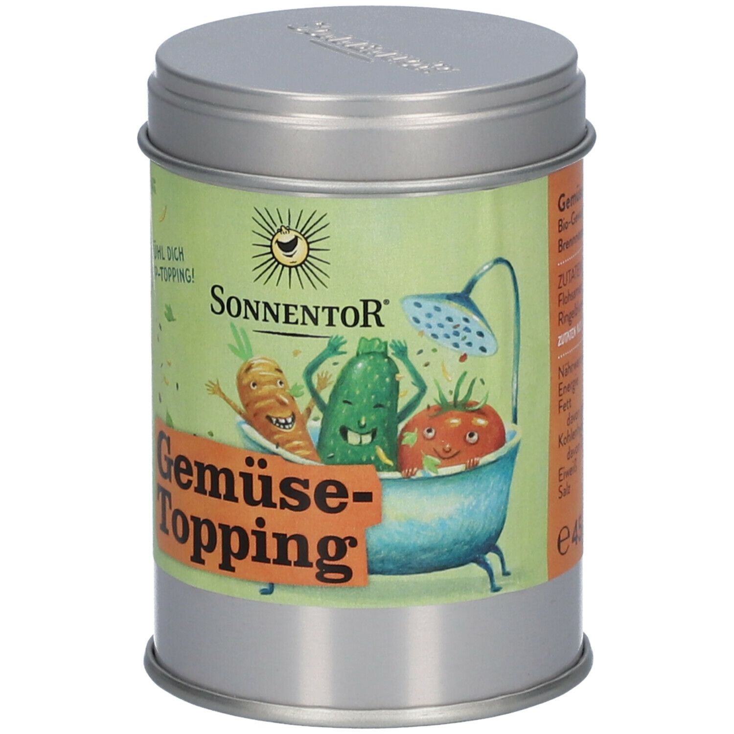 Dose SonnentoR Gemüse Topping. Aufdruck mit Gemüse-Illustrationen und Text. Deckel und Dose silbern.