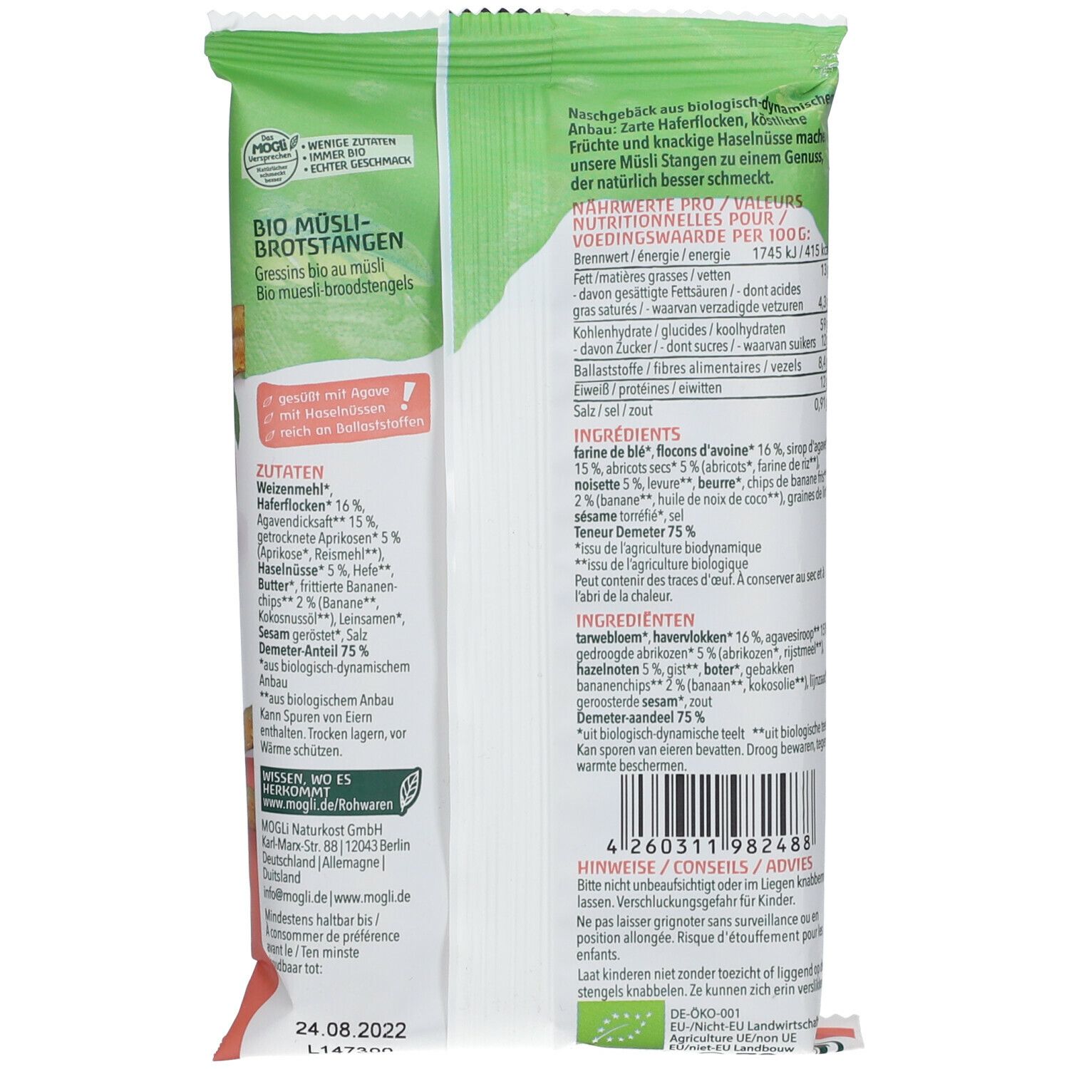 Rückseite der MOGLi Bio Müsli Stangen Verpackung. Textinformationen, Zutatenliste und Nährwertangaben.