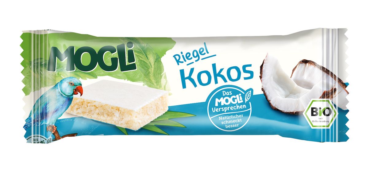 MOGLi Bio Kokos Riegel in Verpackung. Grün-weißes Design mit Papagei und Kokosnuss. Bio-Siegel.