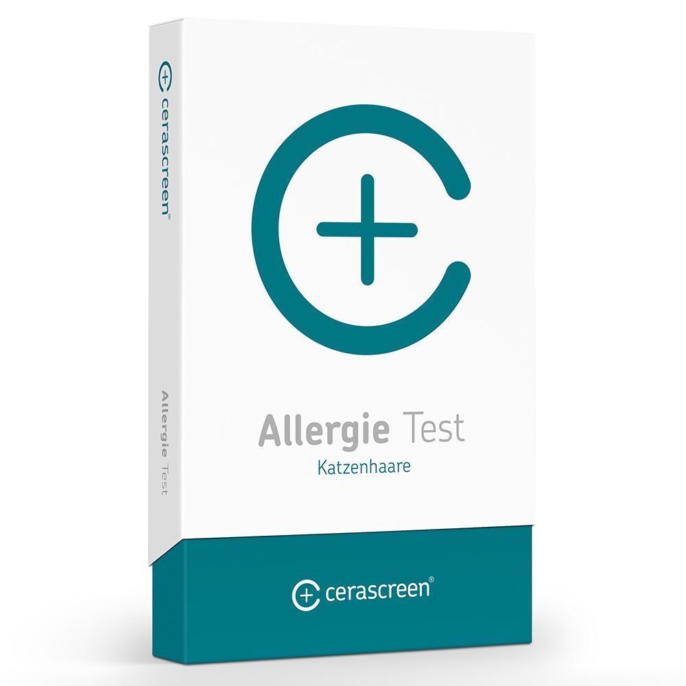 Weißer Karton mit blauem Akzent. Aufschrift: Allergie Test Katzenhaare. Logo: Cerascreen mit Pluszeichen.