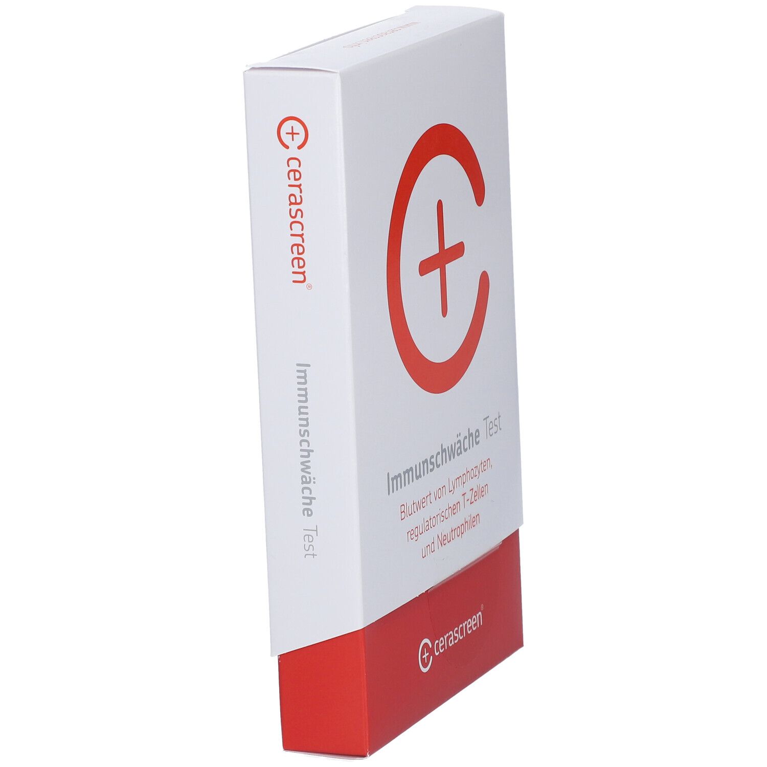 Weiße Verpackung mit rotem Plus-Symbol und Schriftzug "Immunschwäche Test". Marke: cerascreen.