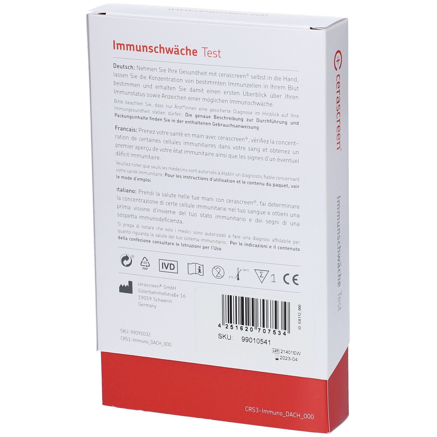 Rückseite der Verpackung mit Text in Deutsch, Französisch und Italienisch. Enthält Informationen zum Produkt.