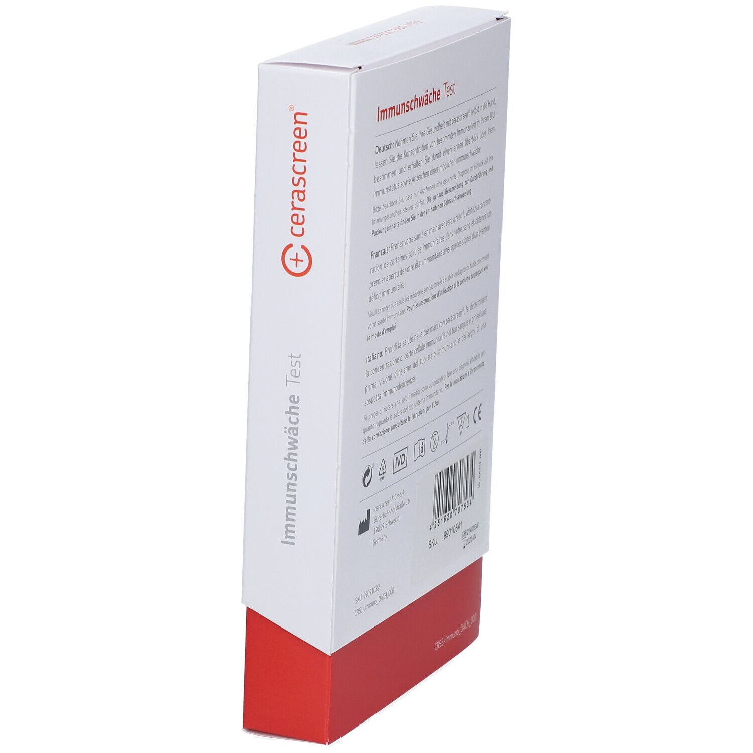 Seitenansicht der Verpackung mit Text und Logo "cerascreen".