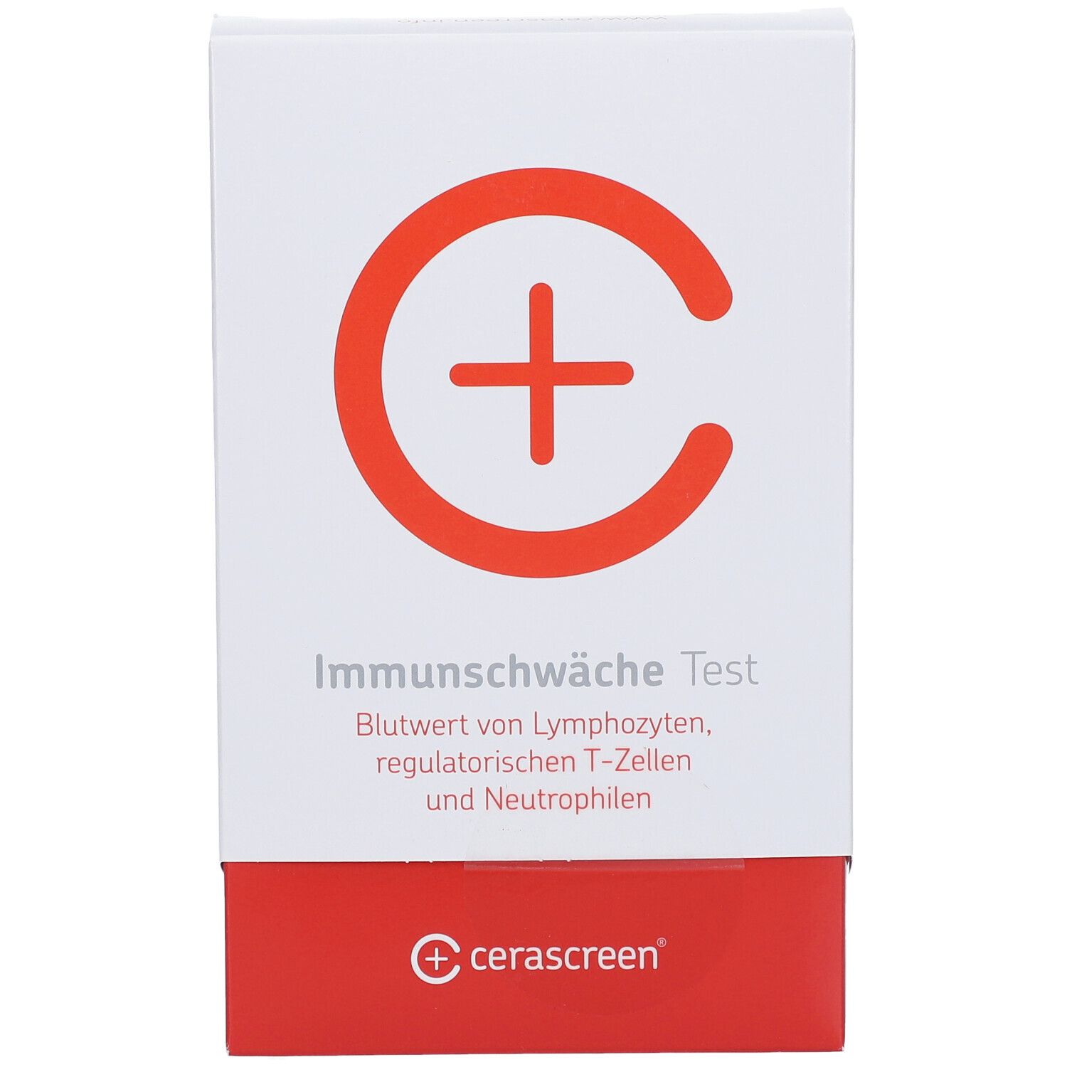 Weiße Verpackung mit rotem Plus-Symbol und Schriftzug "Immunschwäche Test". Marke: cerascreen.