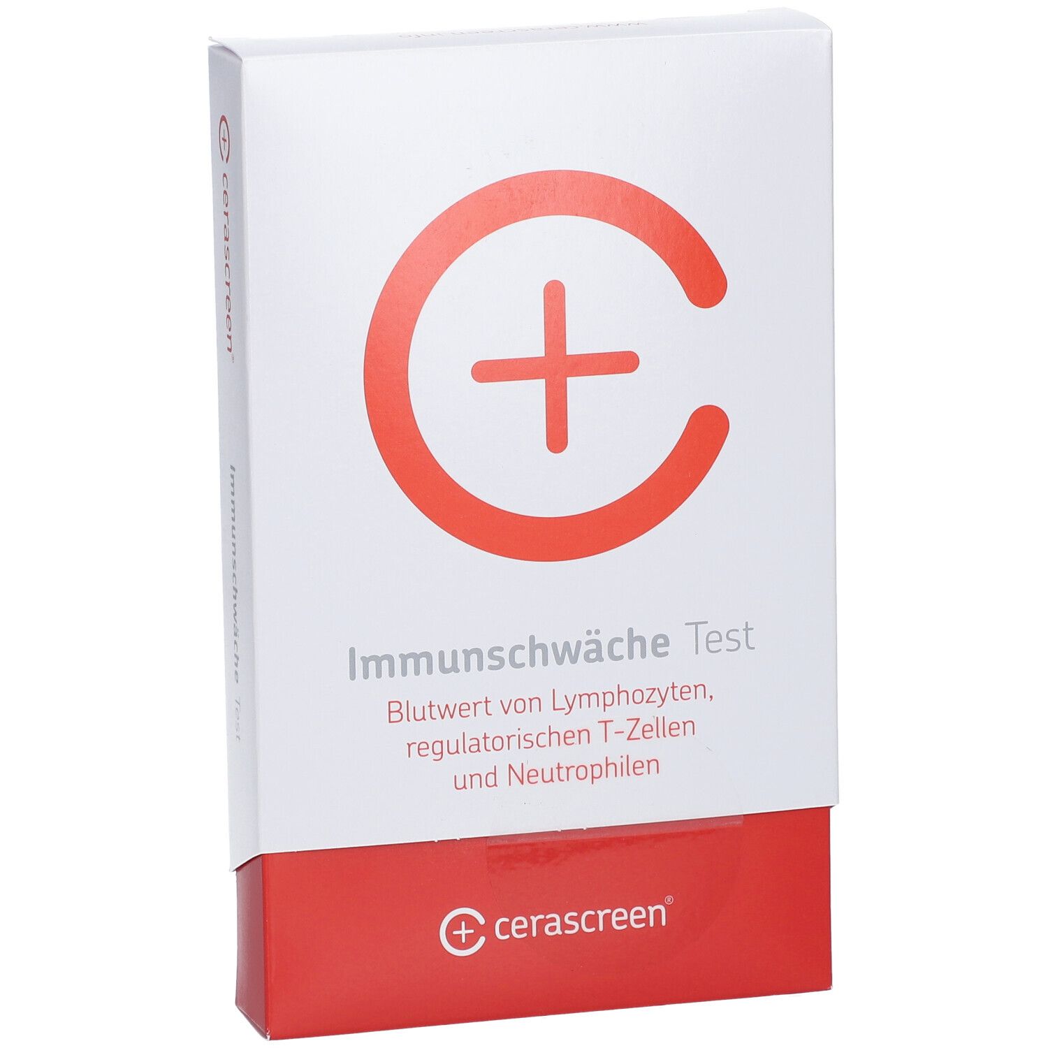 Weiße Verpackung mit rotem Plus-Symbol und Schriftzug "Immunschwäche Test". Marke: cerascreen.