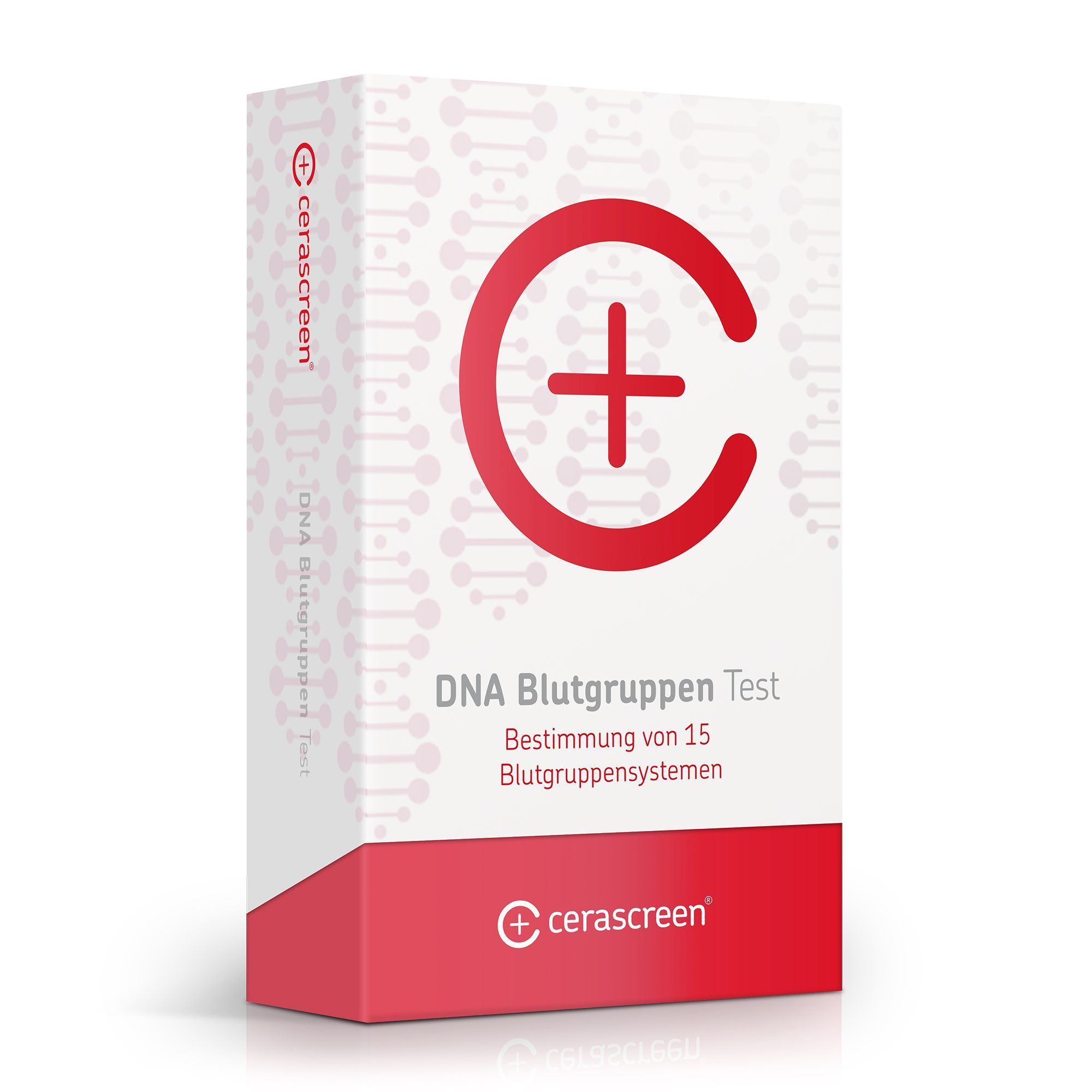 Verpackung des DNA Blutgruppen Tests. Weiß mit rotem Logo und Schriftzug. Marke: cerascreen.