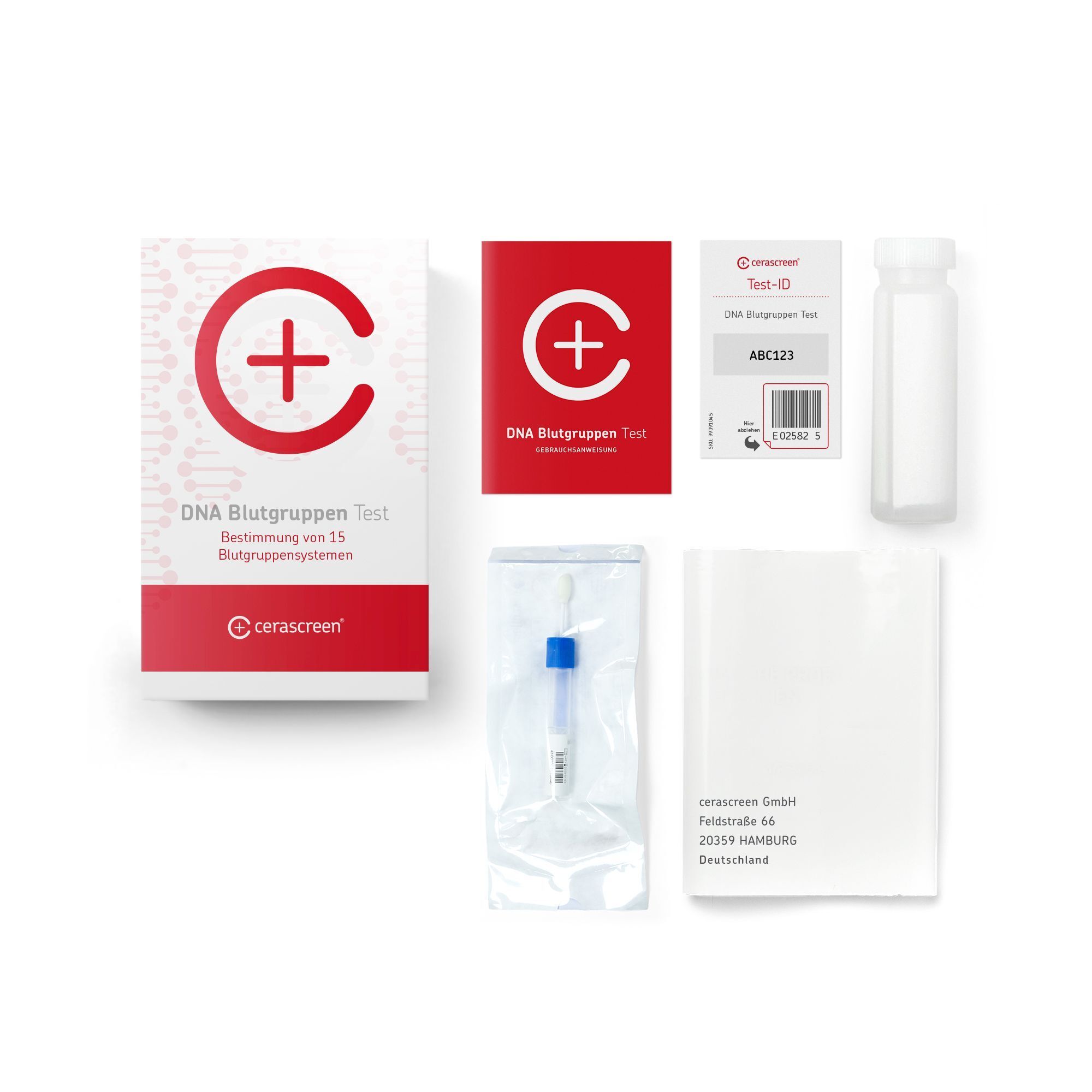 Inhaltsstoffe des DNA Blutgruppen Tests. Testkassette, Röhrchen, Anweisungen. Marke: cerascreen.