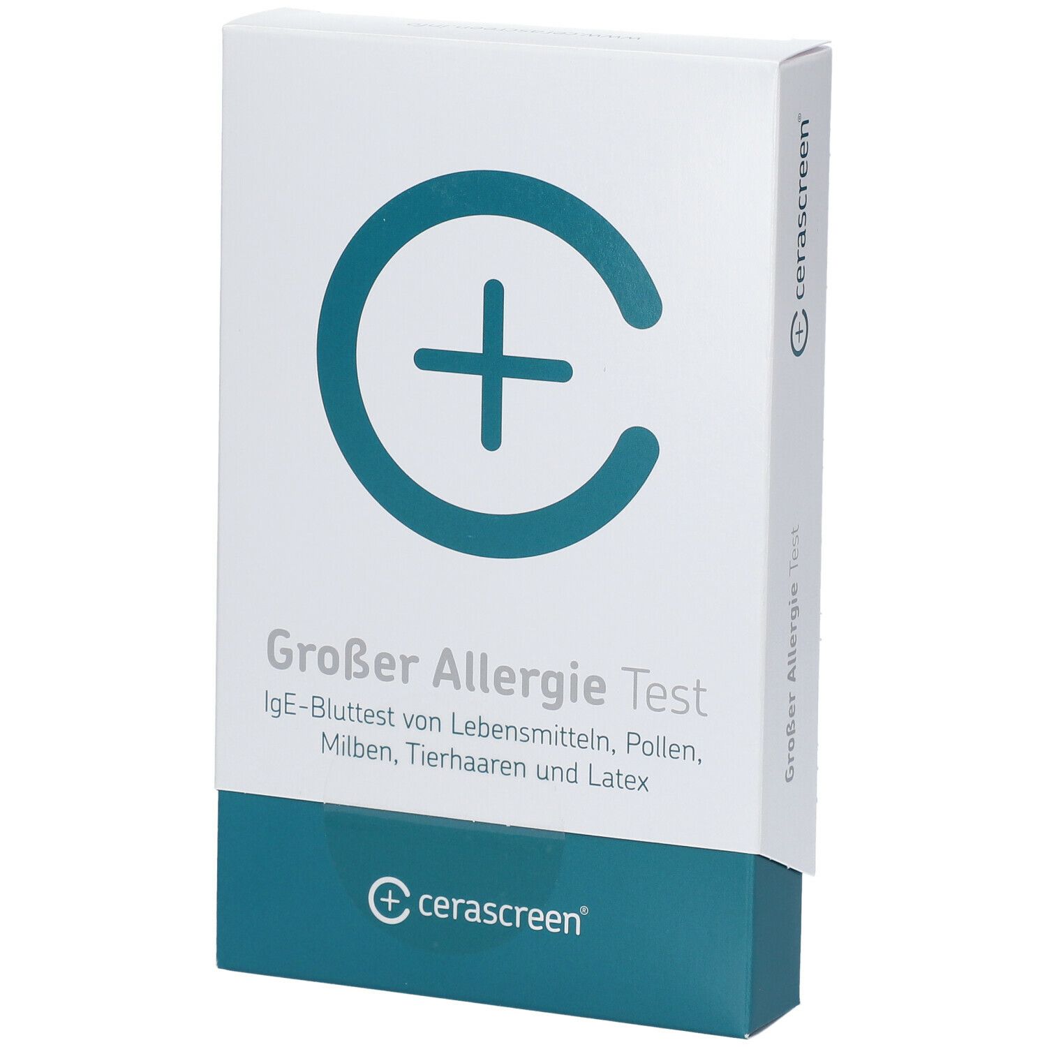 Weißer Karton mit blauem Logo und Schriftzug. Aufschrift: Großer Allergie Test. Marke: cerascreen®.