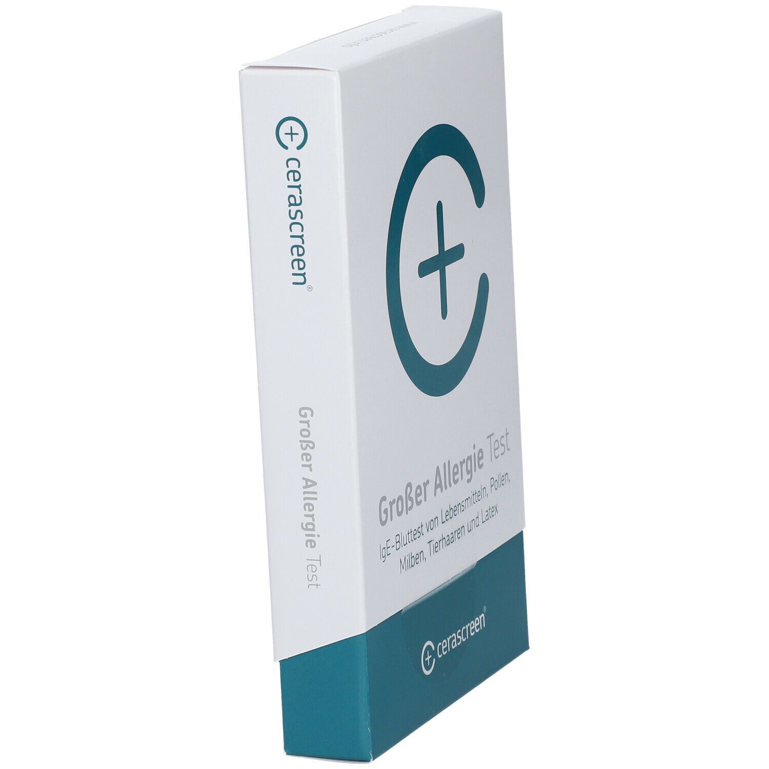 Schräg stehende weiße Box mit blauem Logo und Schriftzug. Aufschrift: Großer Allergie Test. Marke: cerascreen®.