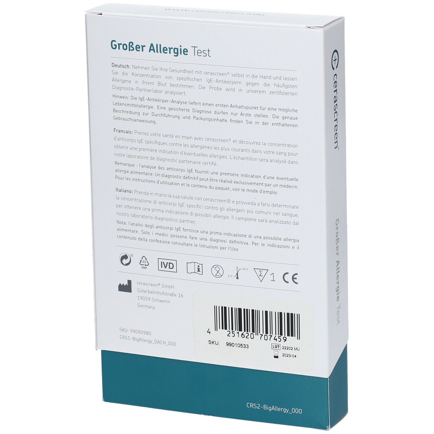 Rückseite der weißen Box mit Text in Deutsch, Französisch und Italienisch. Enthält Informationen und Logos.