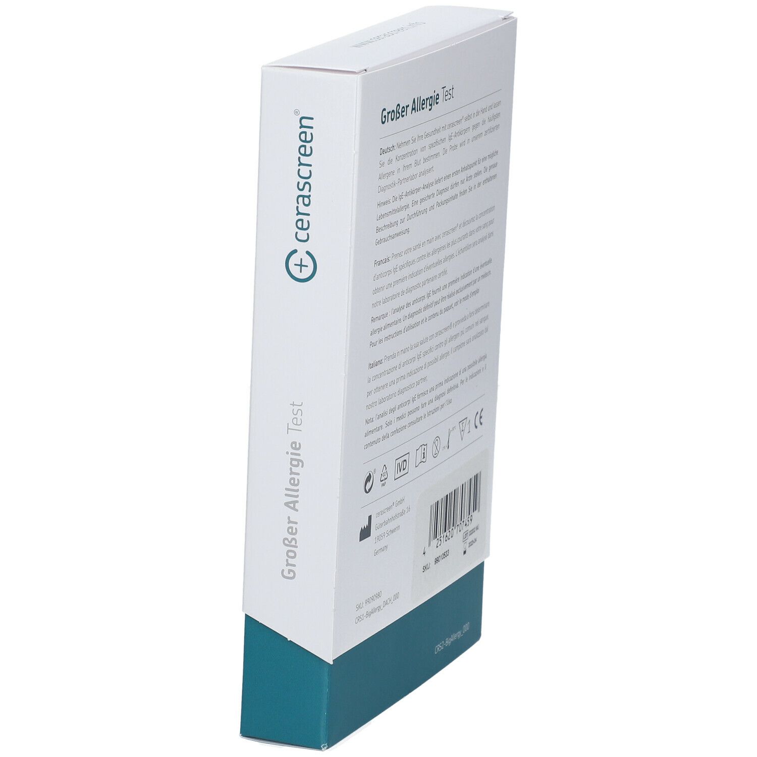 Schräg stehende weiße Box mit Text und Logos. Aufschrift: Großer Allergie Test. Marke: cerascreen®.
