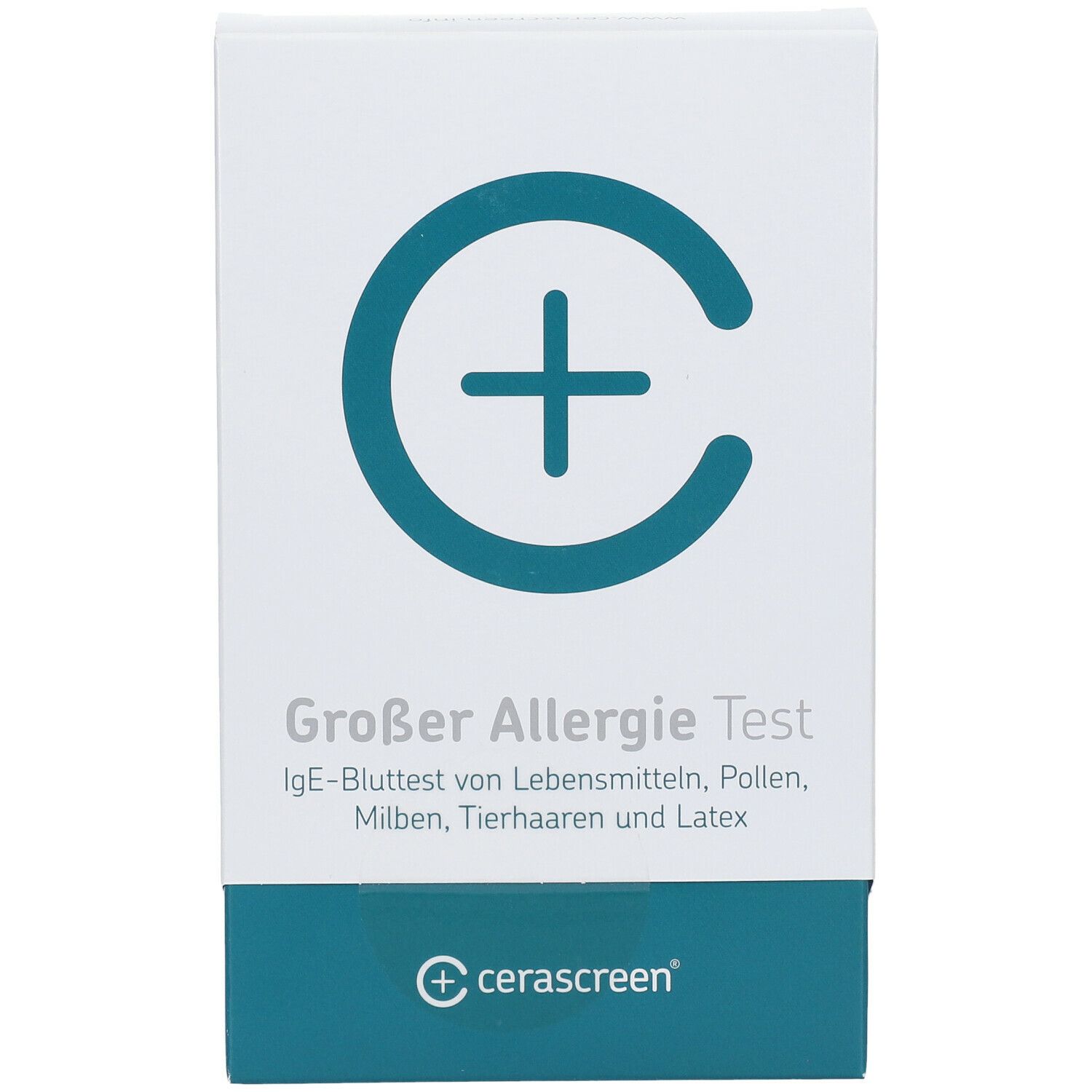 Weiße Box mit blauem Logo und Schriftzug. Aufschrift: Großer Allergie Test. Marke: cerascreen®.