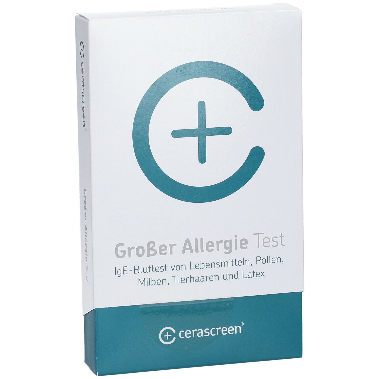 Weiße Box mit blauem Logo und Schriftzug. Aufschrift: Großer Allergie Test. Marke: cerascreen®.