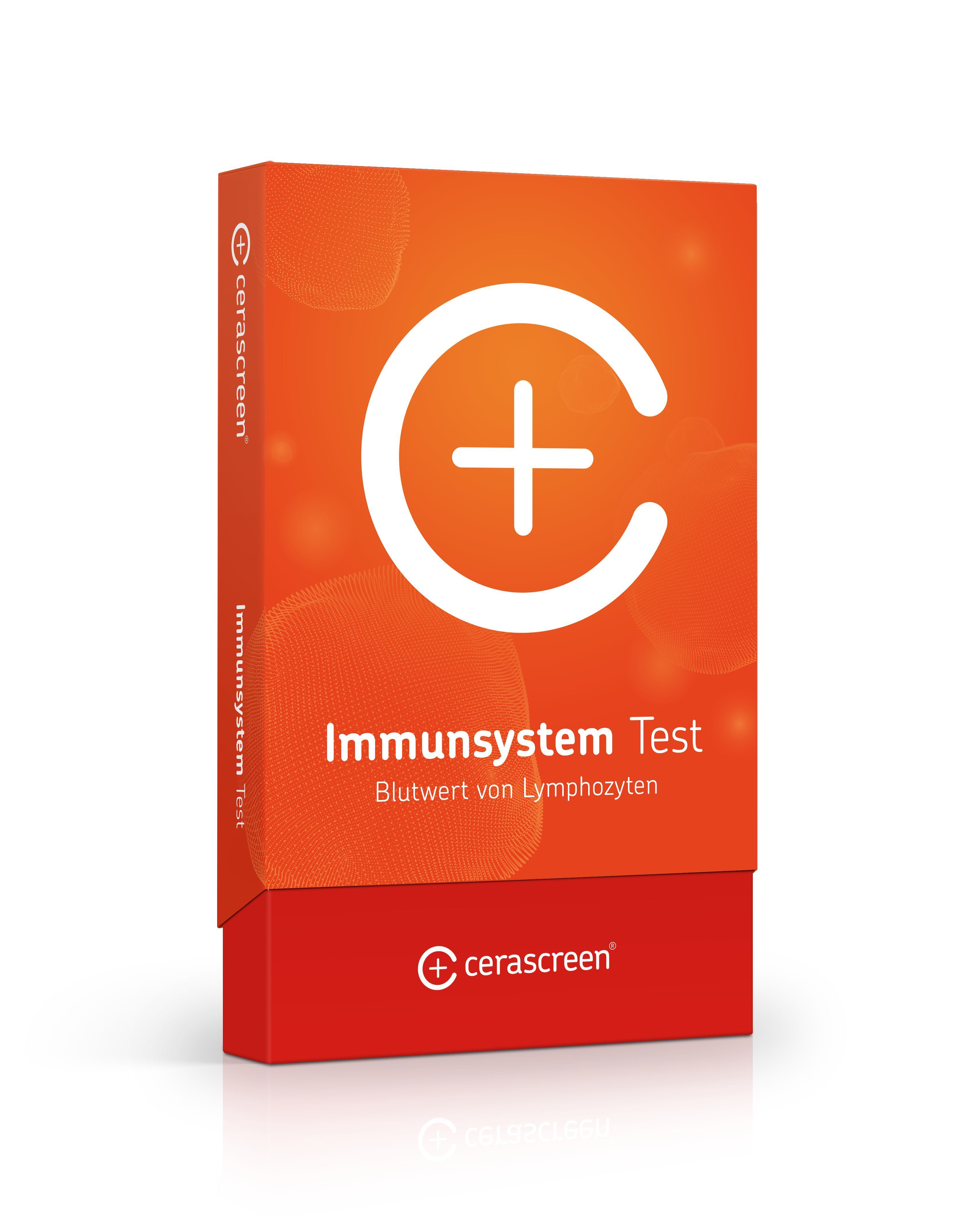 Verpackung des cerascreen® Immunsystem Tests. Orange-roter Karton mit weißem Plus-Symbol und Produktbezeichnung.