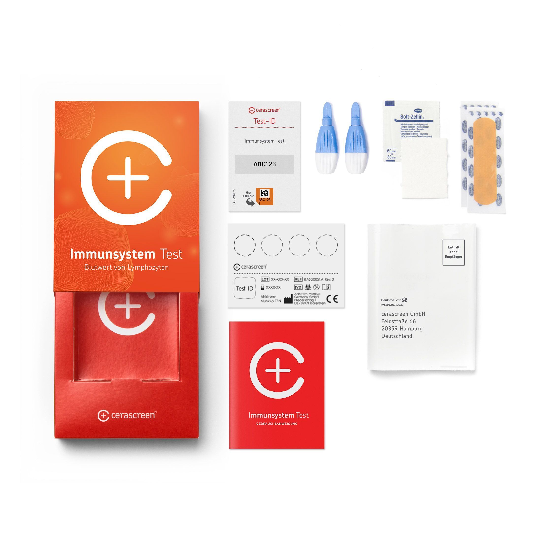 Inhalt des cerascreen® Immunsystem Tests. Test-ID, Lanzetten, Pflaster, Testkarten, Anleitung und Umschlag.