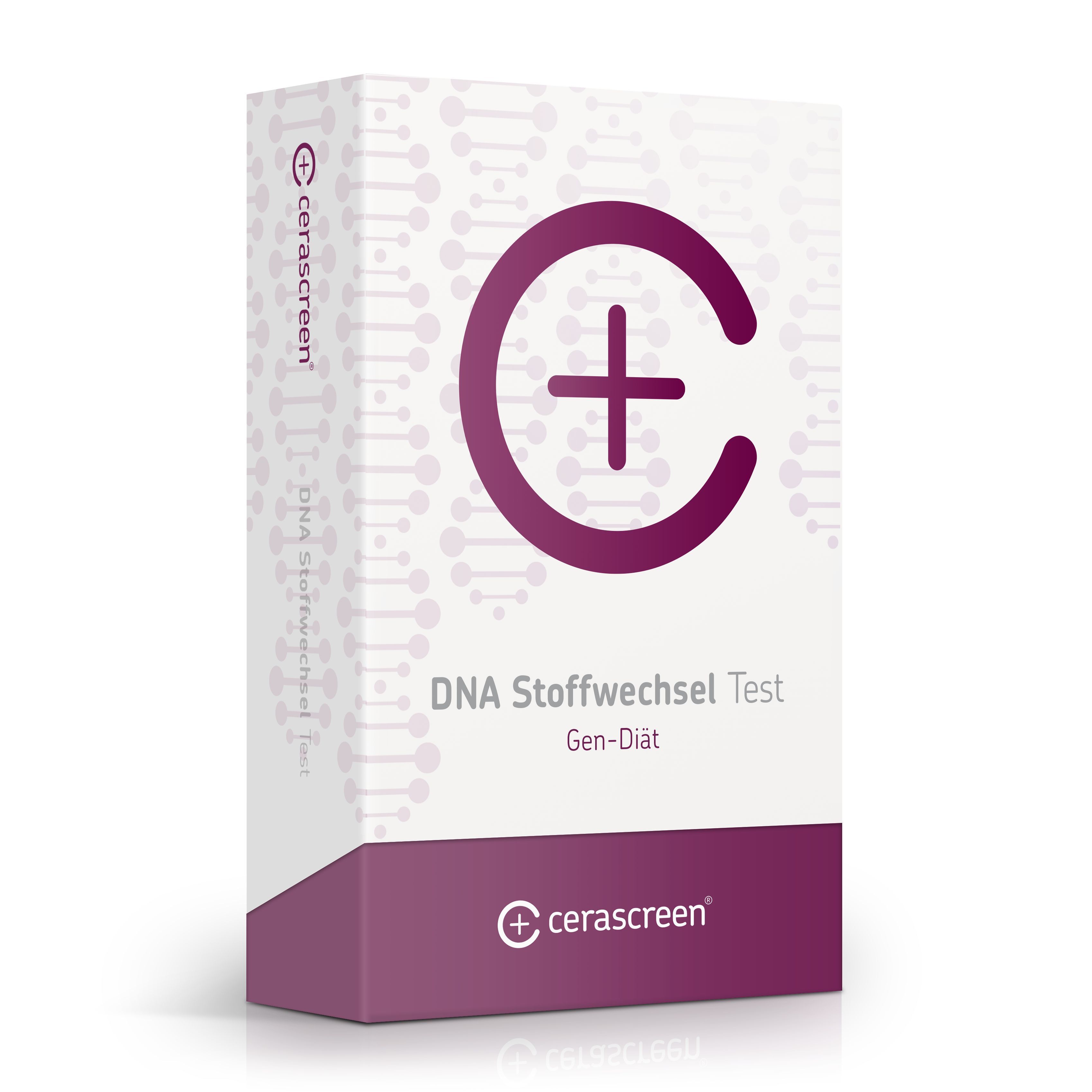 Karton mit cerascreen® DNA Stoffwechsel Test. Lila Logo mit Plus-Zeichen. Text: DNA Stoffwechsel Test, Gen-Diät.