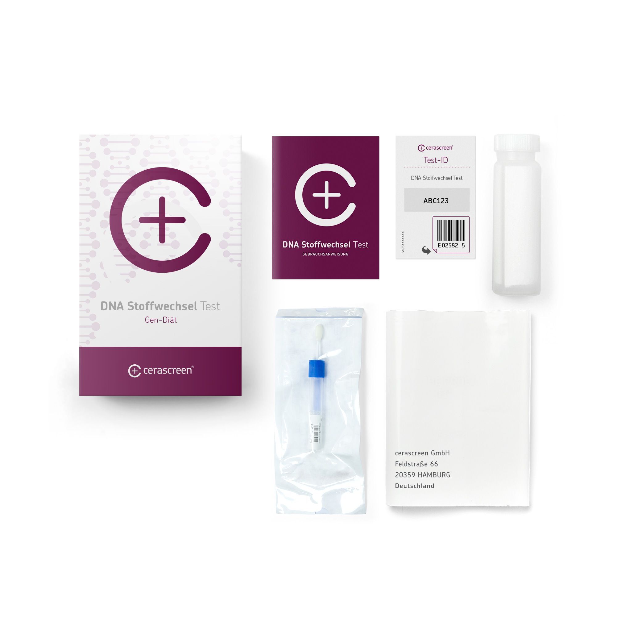 Inhalt des cerascreen® DNA Stoffwechsel Test Kits. Enthält: Teströhrchen, Anweisungen, Testkarte, Behälter, Tupfer.