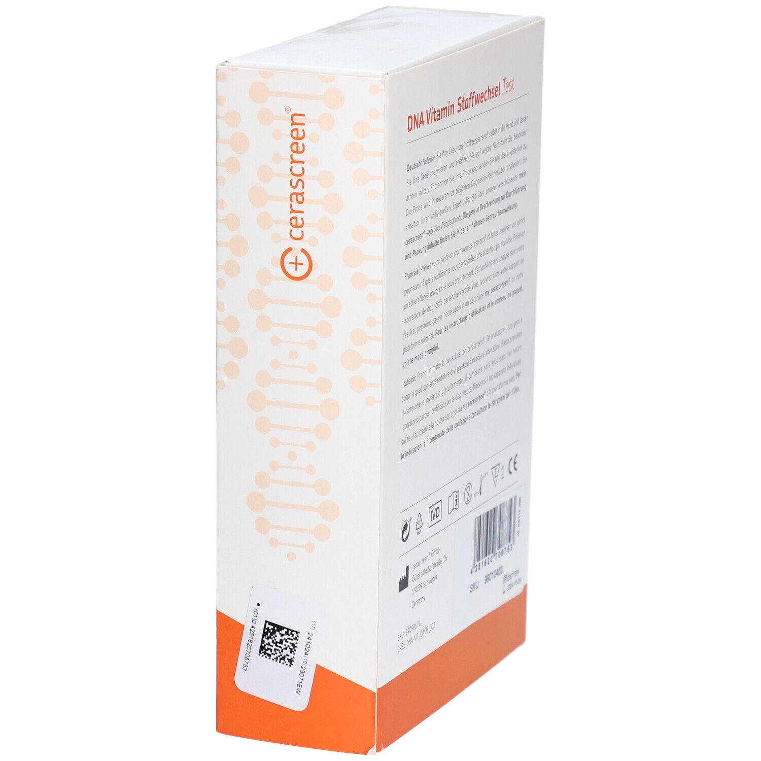 Schräg gestellte Verpackung des cerascreen® DNA Vitamin Stoffwechsel Tests. Logo und Text auf der Seite.